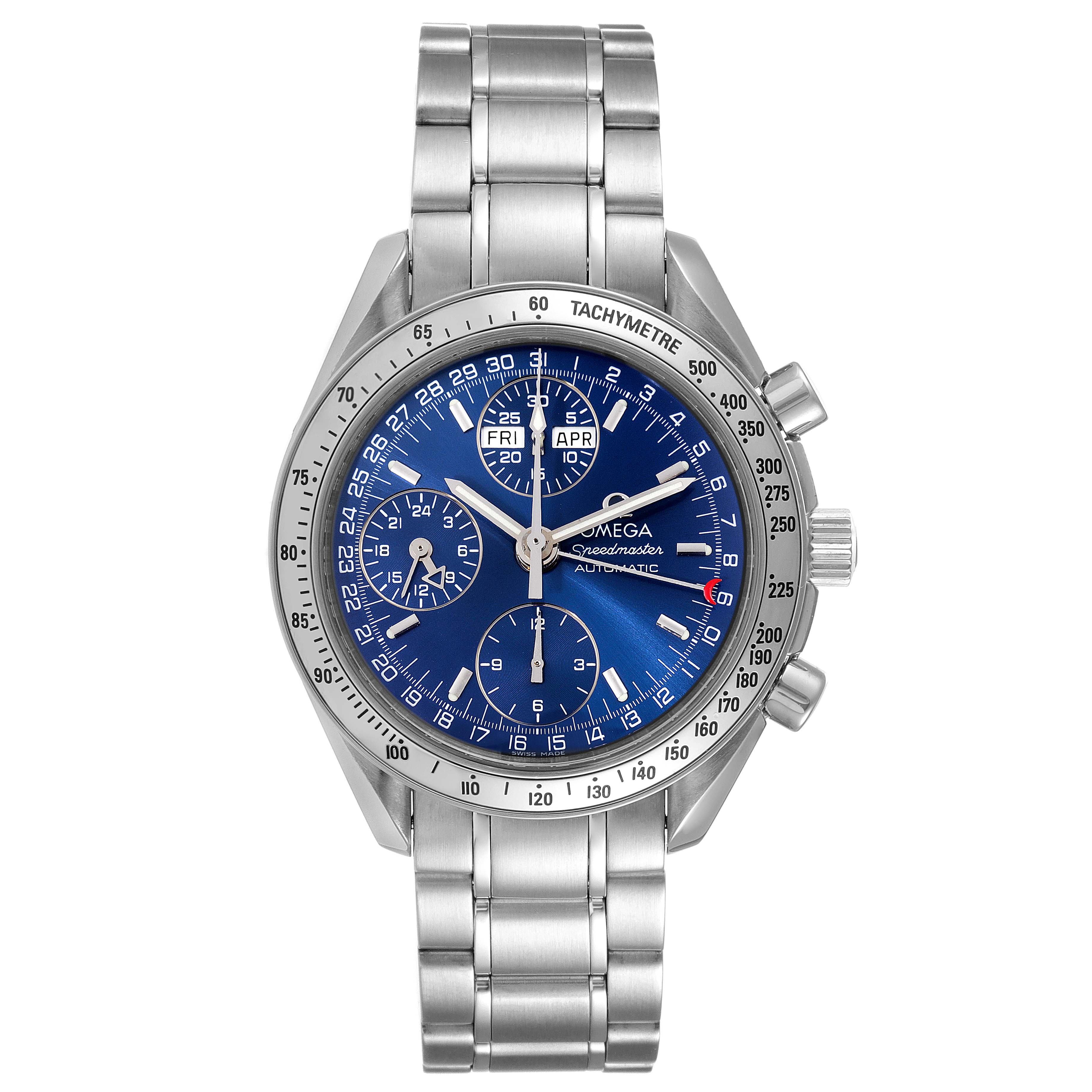 The image shows a front view of the Omega Speedmaster 3523.80.00 Men
s Stainless Steel Blue Dial 3523.80.00 Men
s Stainless Steel Blue Dial watch, highlighting its blue dial and stainless steel bracelet.