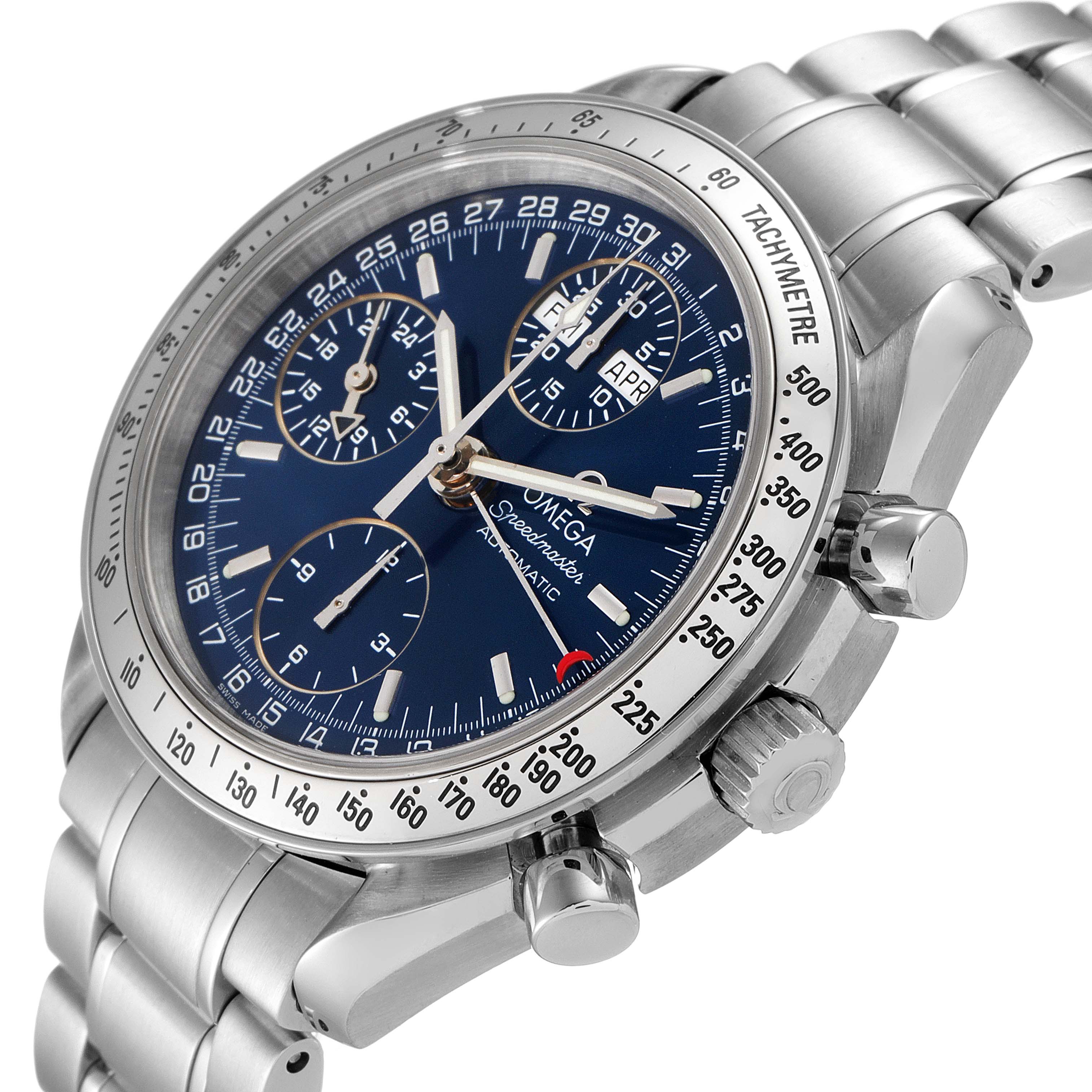 This Omega Speedmaster 3523.80.00 Men
s Stainless Steel Blue Dial 3523.80.00 Men
s Stainless Steel Blue Dial watch is shown from a top diagonal angle, displaying the dial, bezel, chronograph sub-dials, and part of the bracelet.