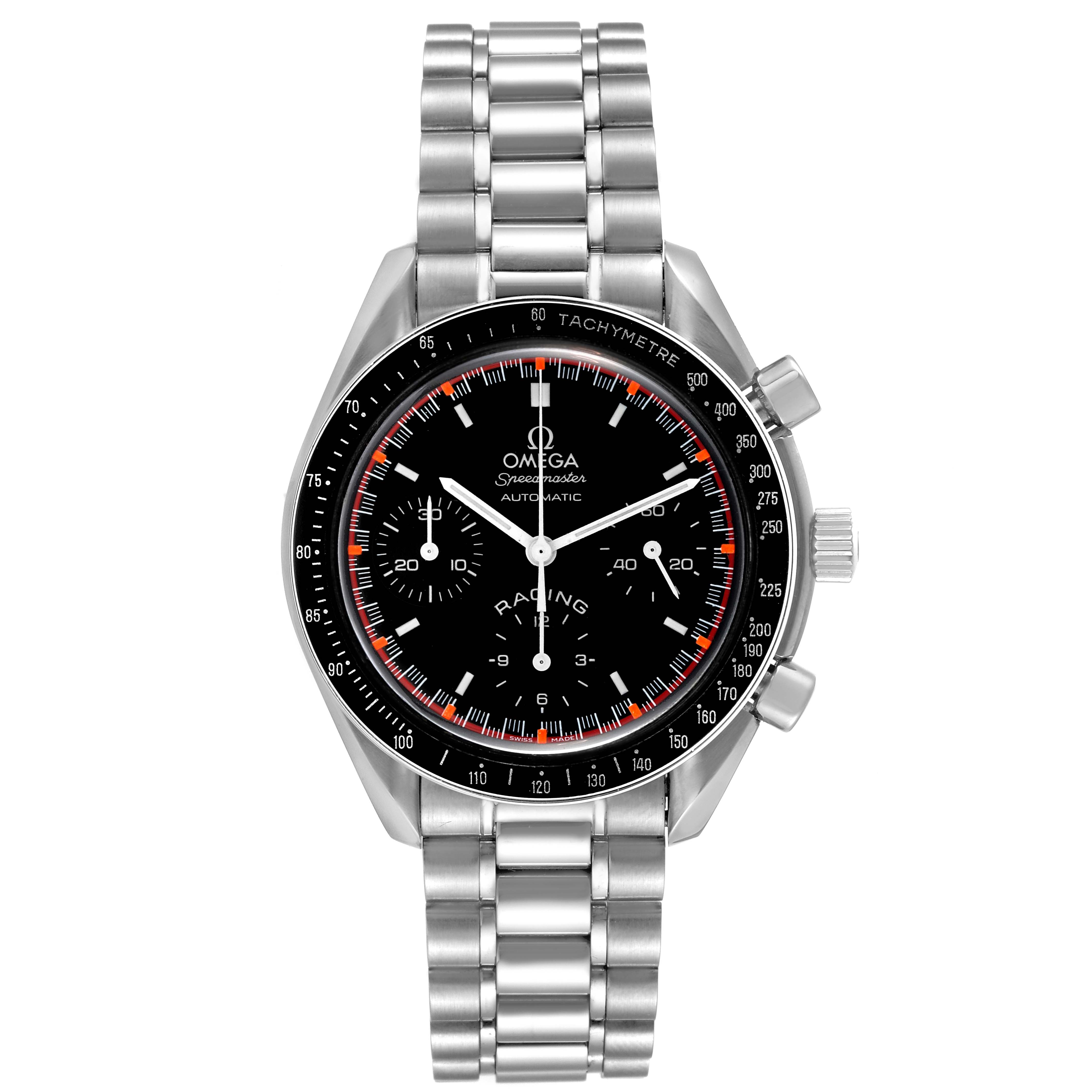 This image shows an Omega Speedmaster 3518.50.00 Men's Stainless Steel Black Dial 3518.50.00 Men's Stainless Steel Black Dial watch from a top-down view displaying its face, bezel, and metal bracelet.