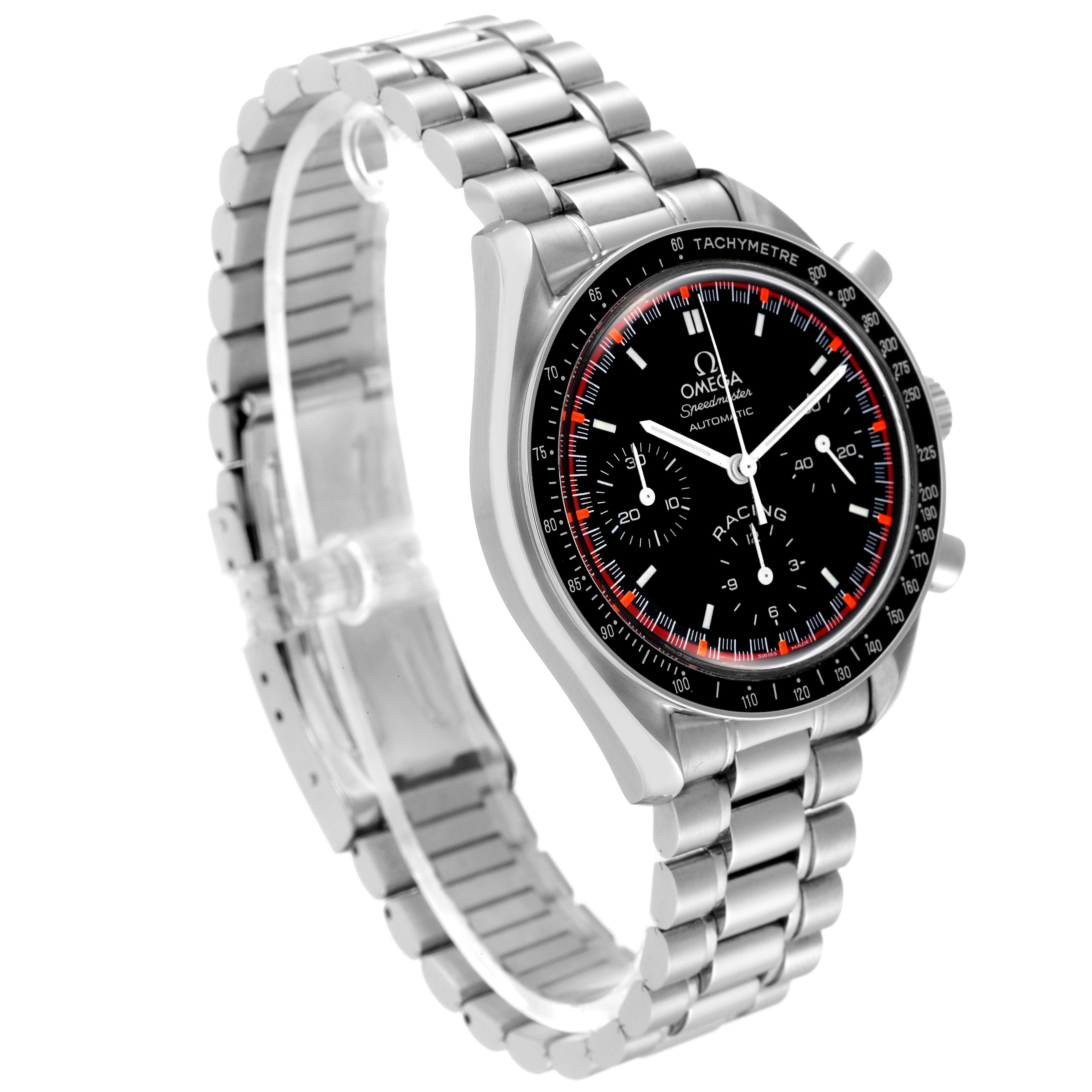This image shows an Omega Speedmaster 3518.50.00 Men's Stainless Steel Black Dial 3518.50.00 Men's Stainless Steel Black Dial watch at an angle, highlighting the dial, bezel, and stainless steel bracelet.