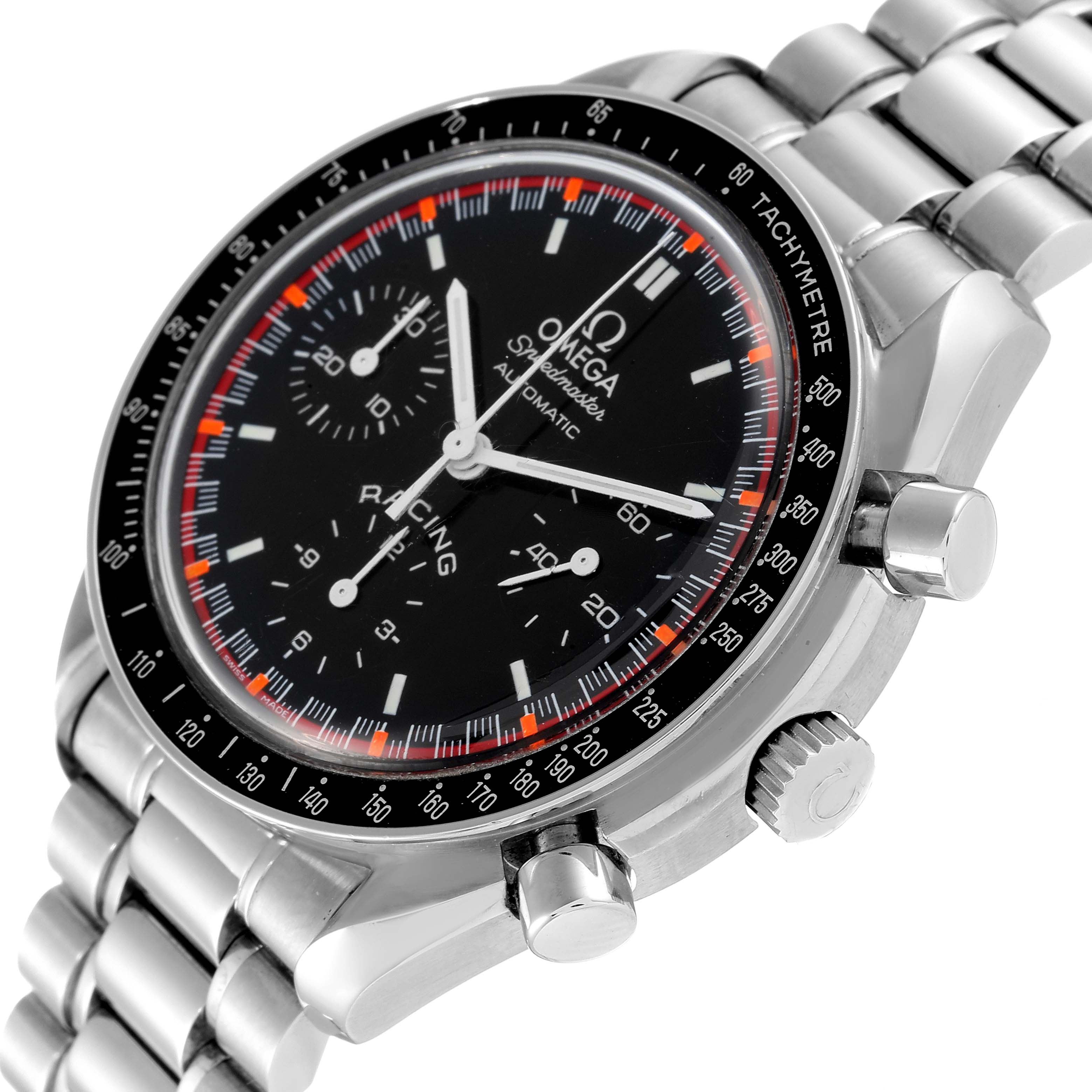 The image shows an Omega Speedmaster 3518.50.00 Men's Stainless Steel Black Dial 3518.50.00 Men's Stainless Steel Black Dial watch angled from the top-right, displaying the dial, crown, pushers, and part of the bracelet.