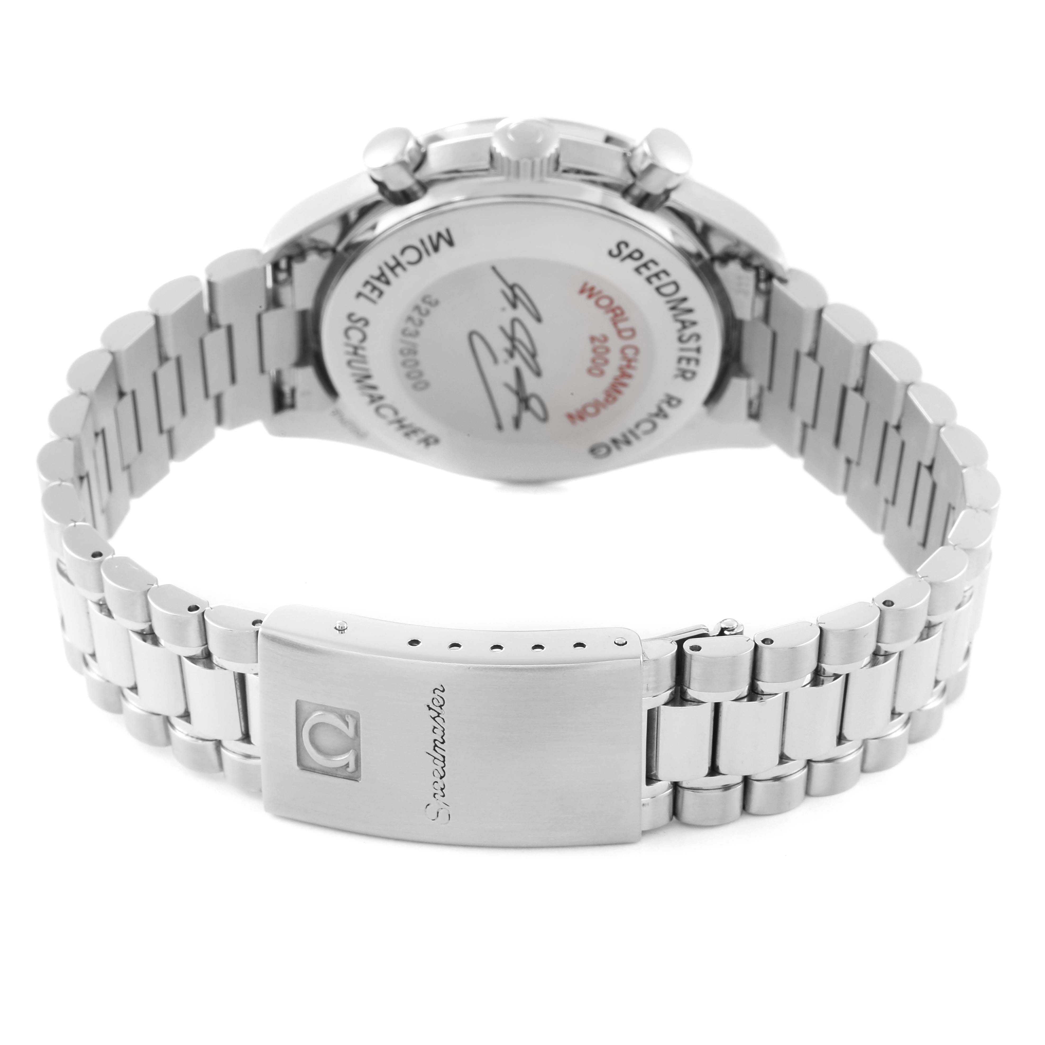 The back view of the Omega Speedmaster 3518.50.00 Men's Stainless Steel Black Dial 3518.50.00 Men's Stainless Steel Black Dial watch shows the case back and stainless steel bracelet with the clasp.