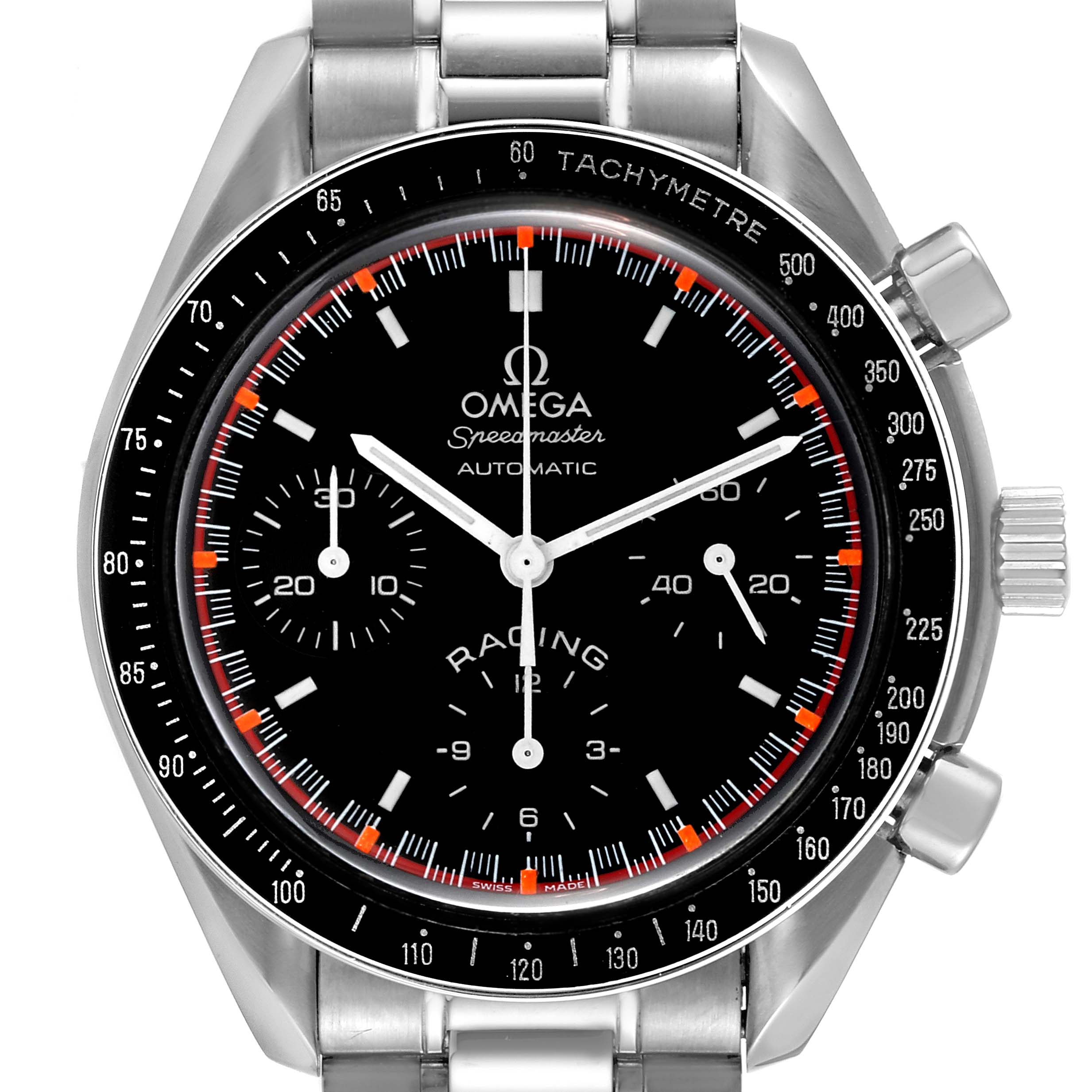 The image shows a front view of the Omega Speedmaster 3518.50.00 Men's Stainless Steel Black Dial 3518.50.00 Men's Stainless Steel Black Dial Racing watch, displaying the dial, subdials, and tachymeter bezel.