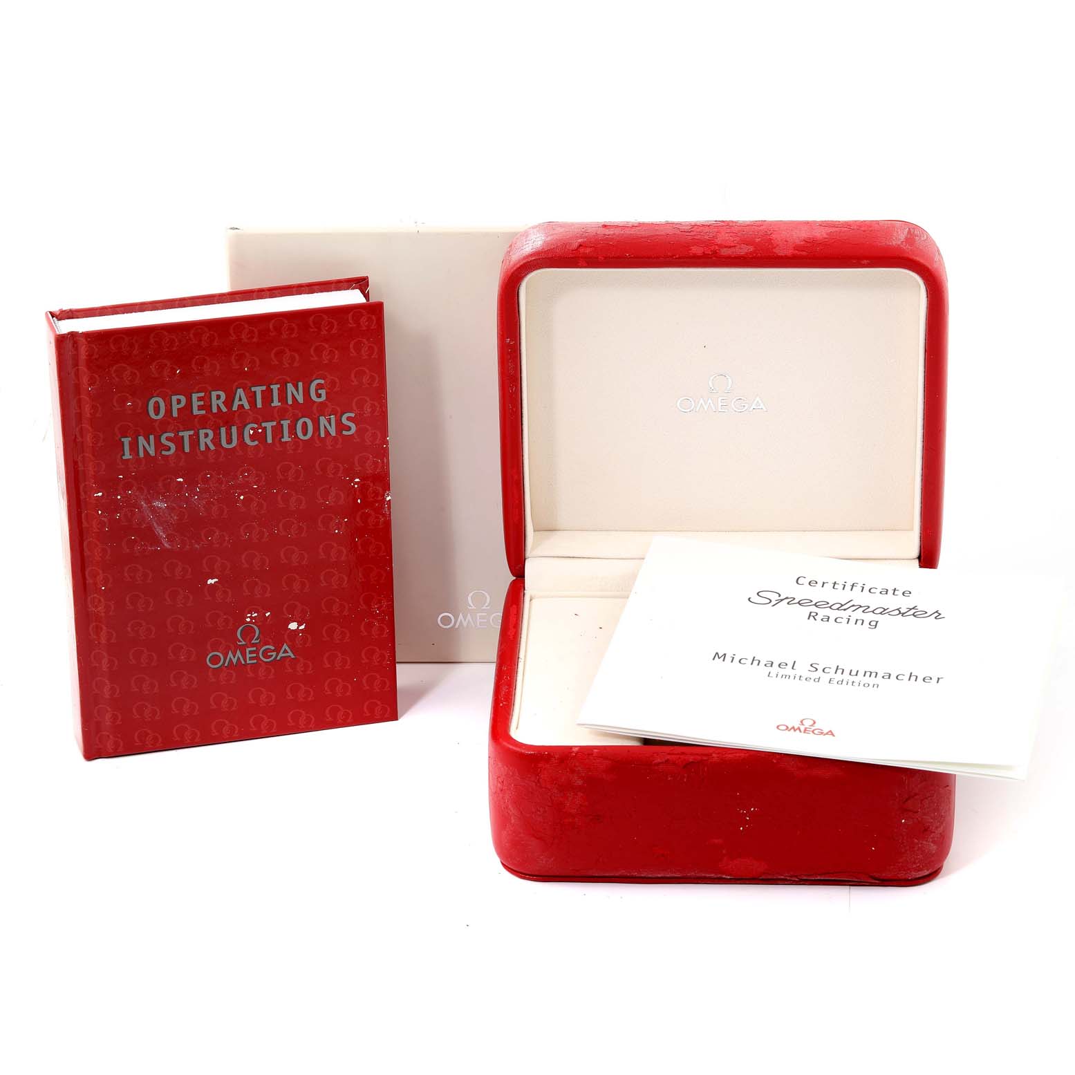 The image shows an Omega Speedmaster 3518.50.00 Men's Stainless Steel Black Dial 3518.50.00 Men's Stainless Steel Black Dial watch box, operating instructions booklet, and certificate of authenticity.