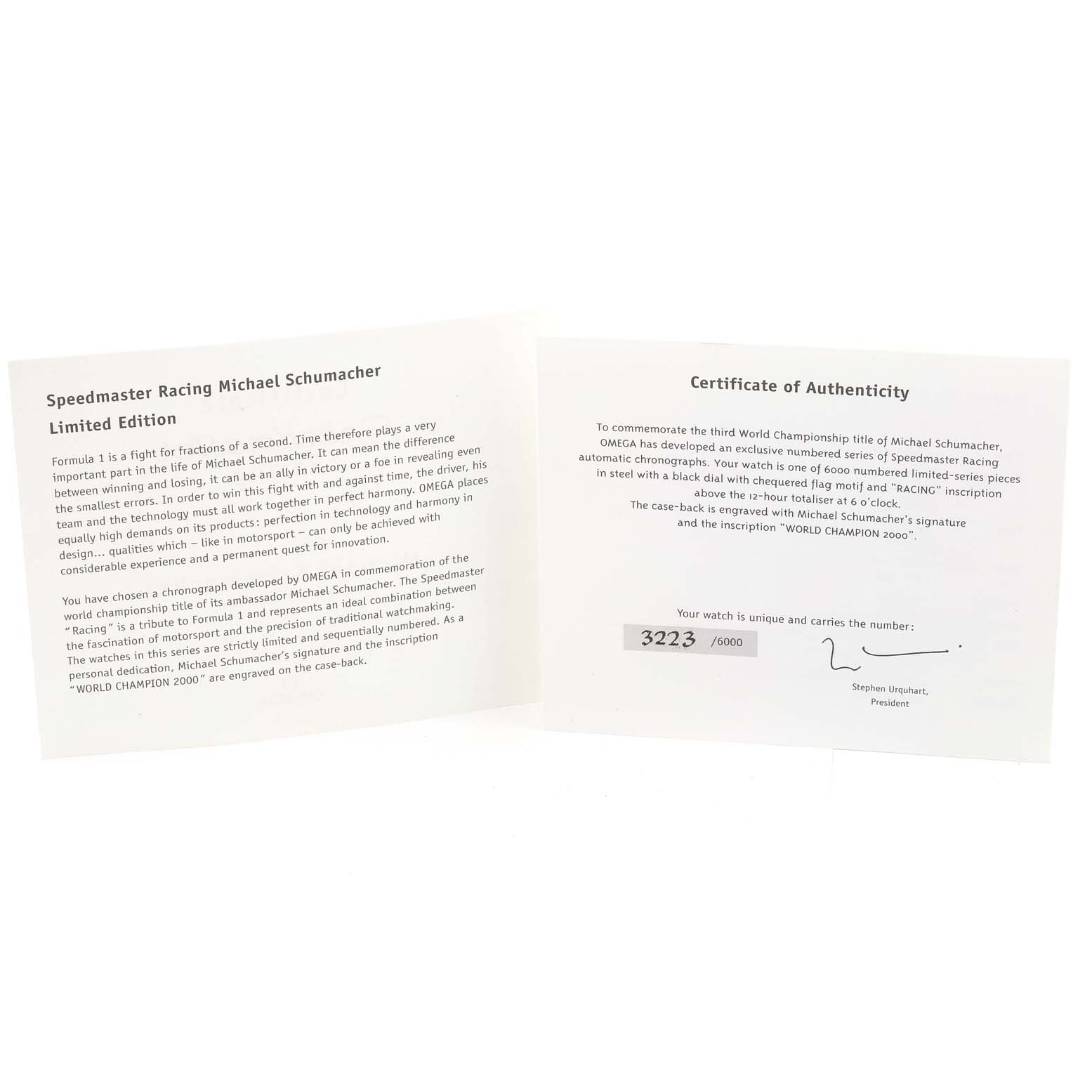 The image shows the paperwork for an Omega Speedmaster 3518.50.00 Men's Stainless Steel Black Dial 3518.50.00 Men's Stainless Steel Black Dial Racing Michael Schumacher Limited Edition, including a Certificate of Authenticity.