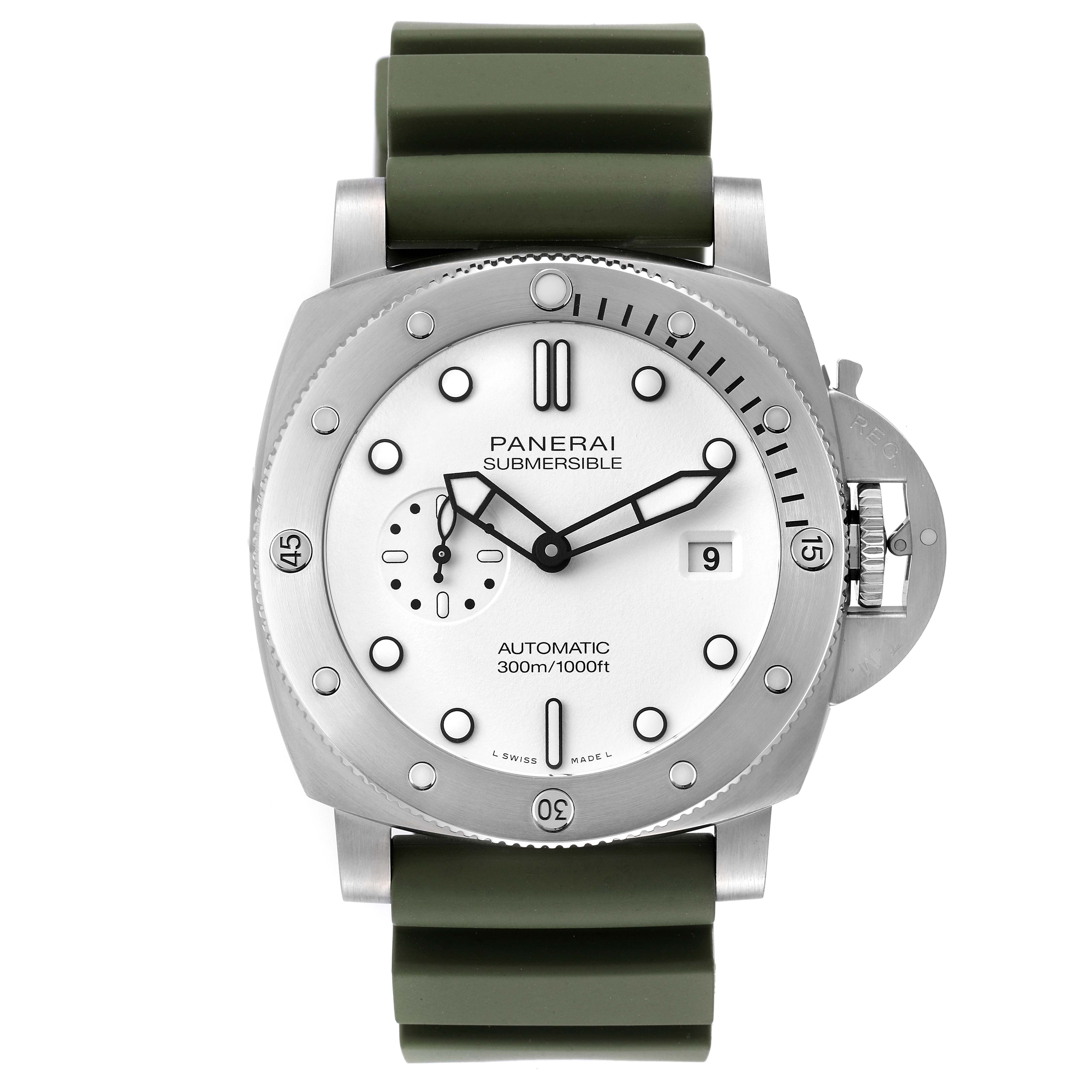 The image shows a front view of a Panerai Submersible PAM01226 Men
s Stainless Steel White Dial PAM01226 Men
s Stainless Steel White Dial watch, displaying the dial, bezel, and olive green strap.