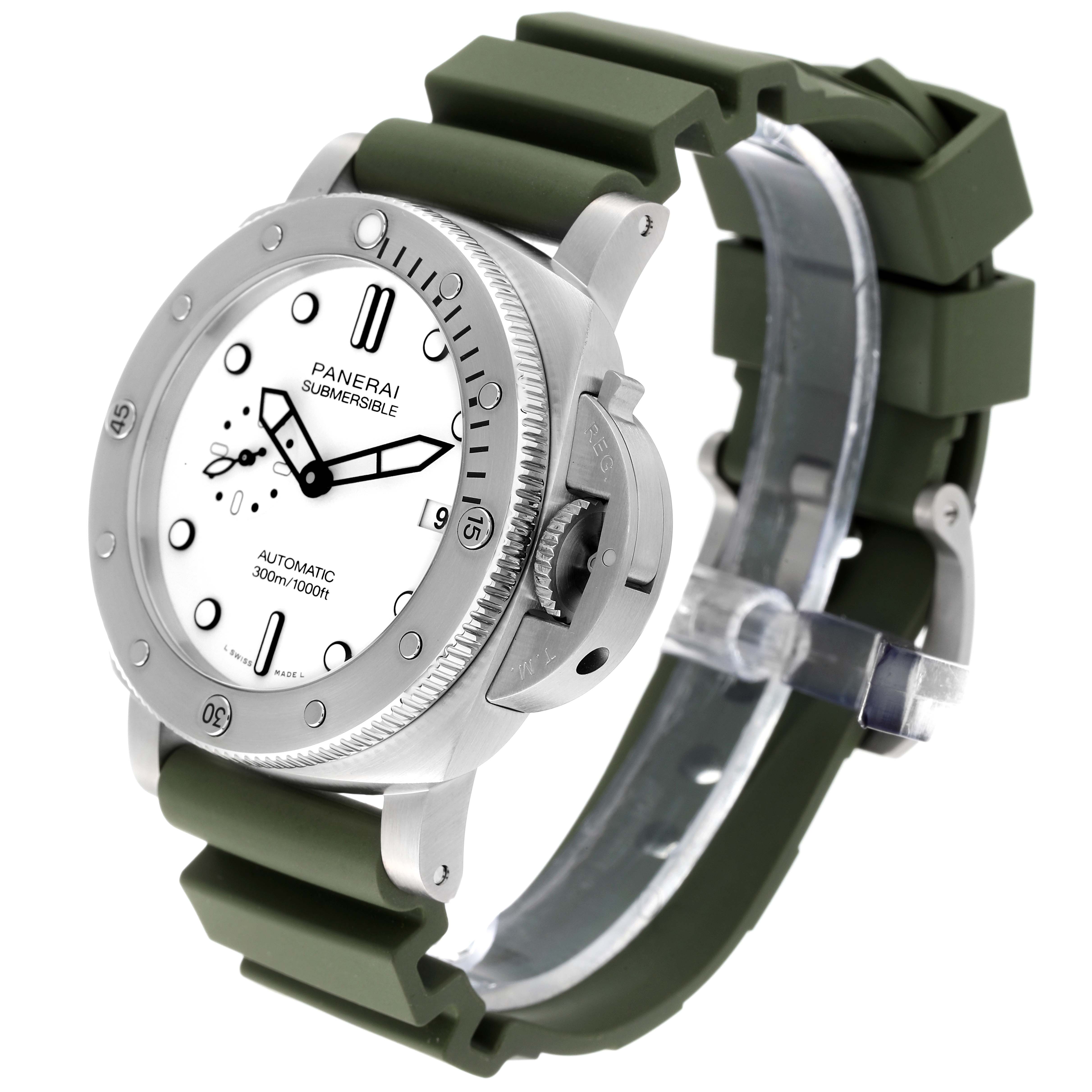 The image shows a Panerai Submersible PAM01226 Men
s Stainless Steel White Dial PAM01226 Men
s Stainless Steel White Dial watch from a three-quarter angle, highlighting its bezel, dial, and green rubber strap.