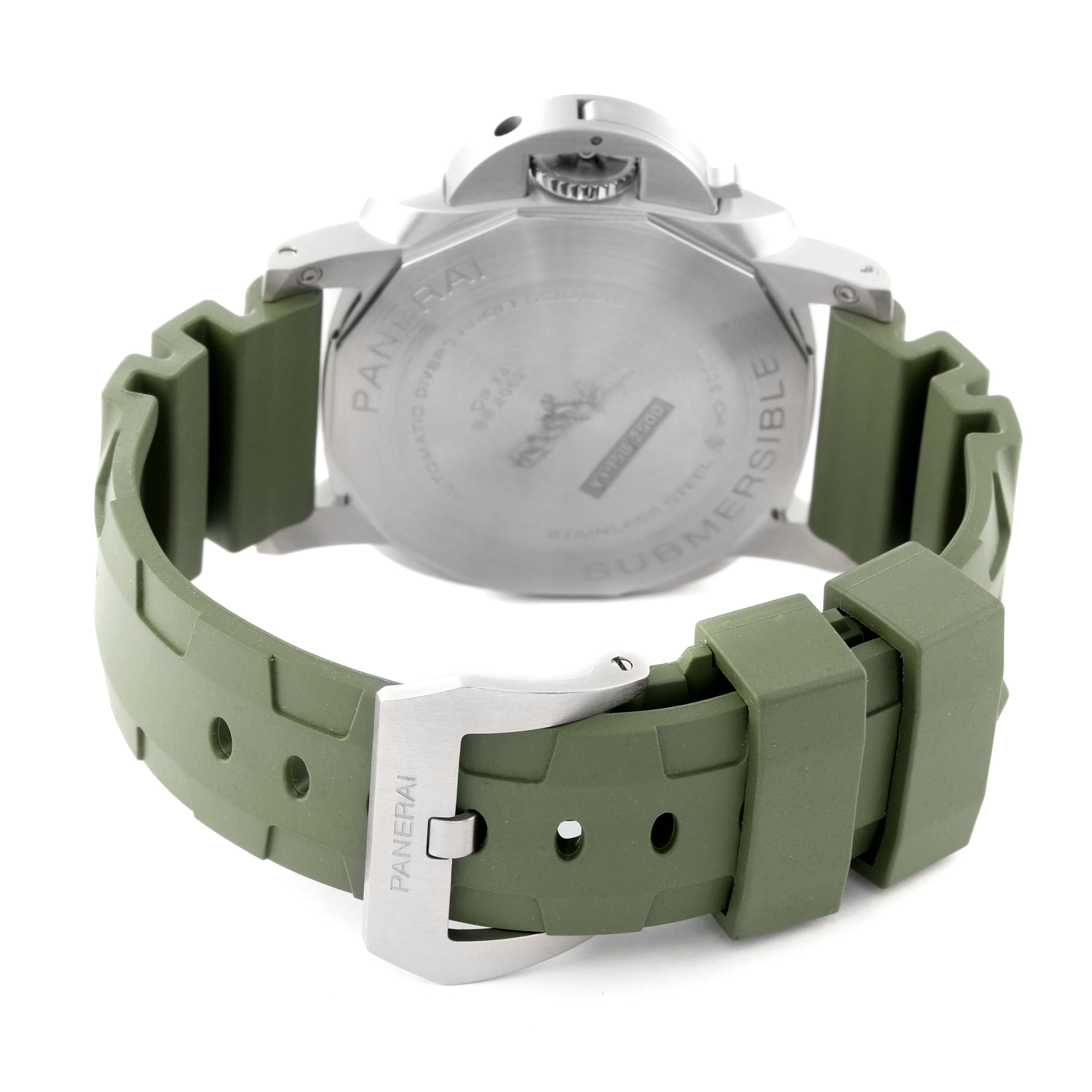 The image shows the back view of a Panerai Submersible PAM01226 Men
s Stainless Steel White Dial PAM01226 Men
s Stainless Steel White Dial watch, highlighting the case back and green rubber strap with a buckle.