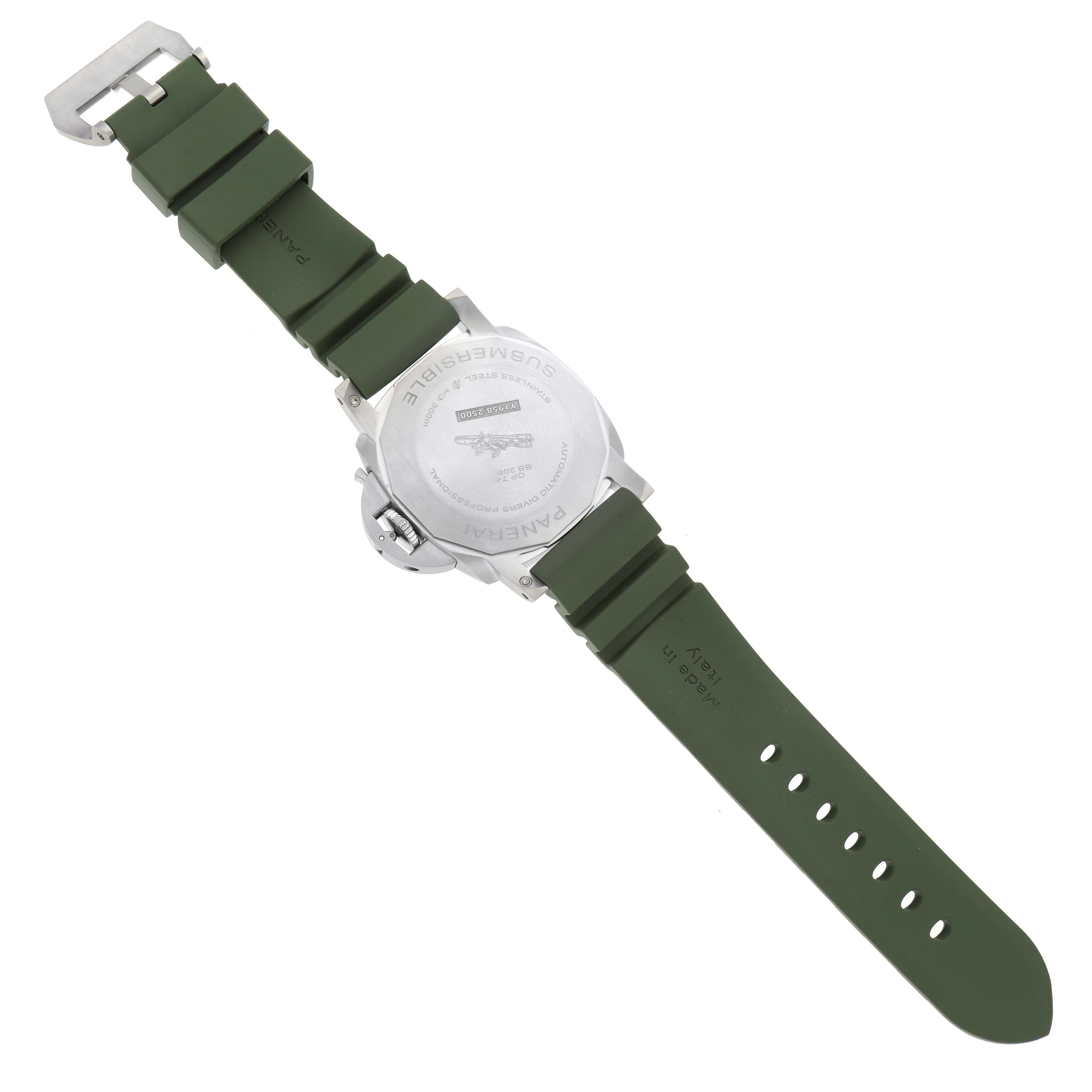 The image shows the back view of a Panerai Submersible PAM01226 Men
s Stainless Steel White Dial PAM01226 Men
s Stainless Steel White Dial watch, including the case back and green rubber strap.