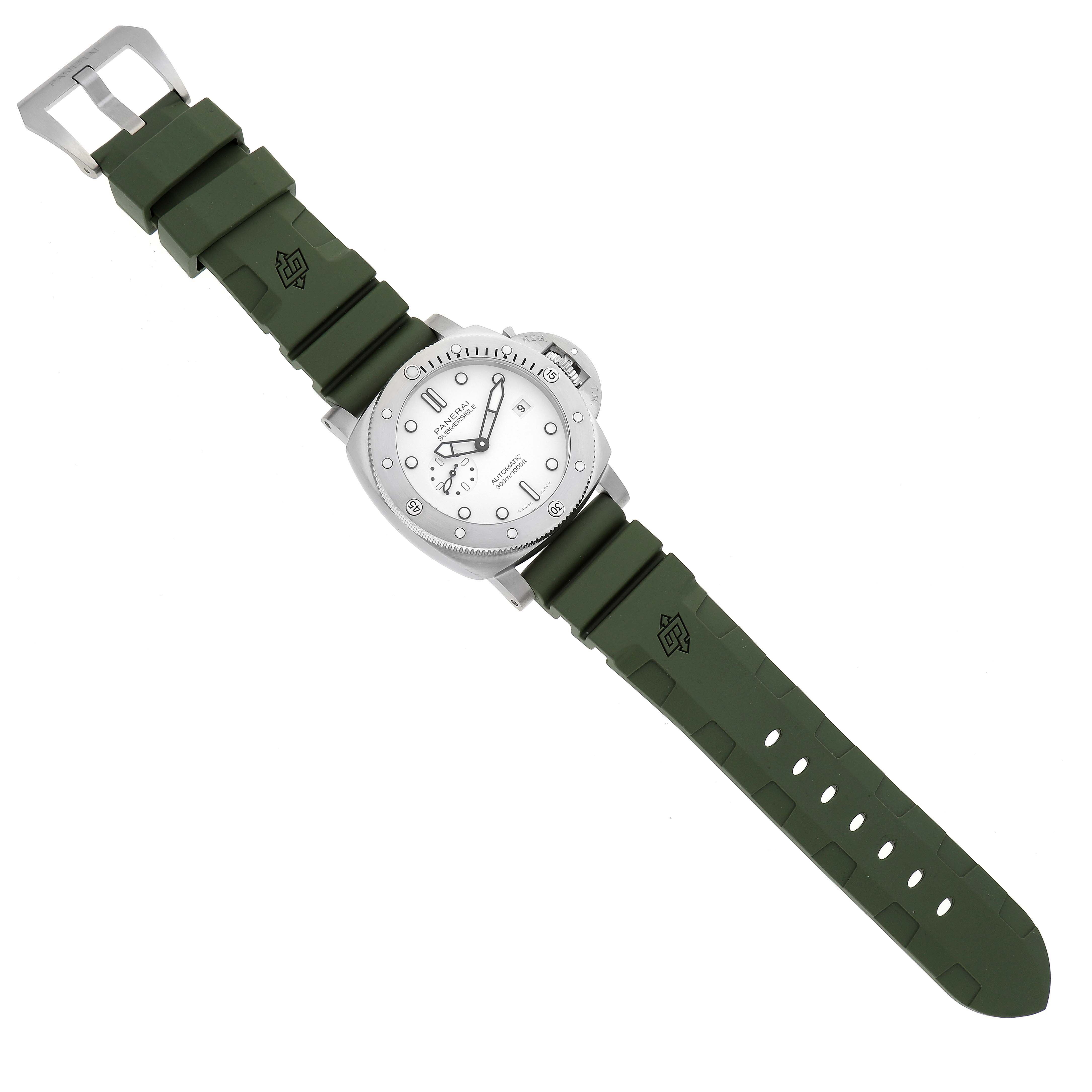 The image shows the Panerai Submersible PAM01226 Men
s Stainless Steel White Dial PAM01226 Men
s Stainless Steel White Dial watch from a top-down angle, highlighting the face and the green rubber strap.