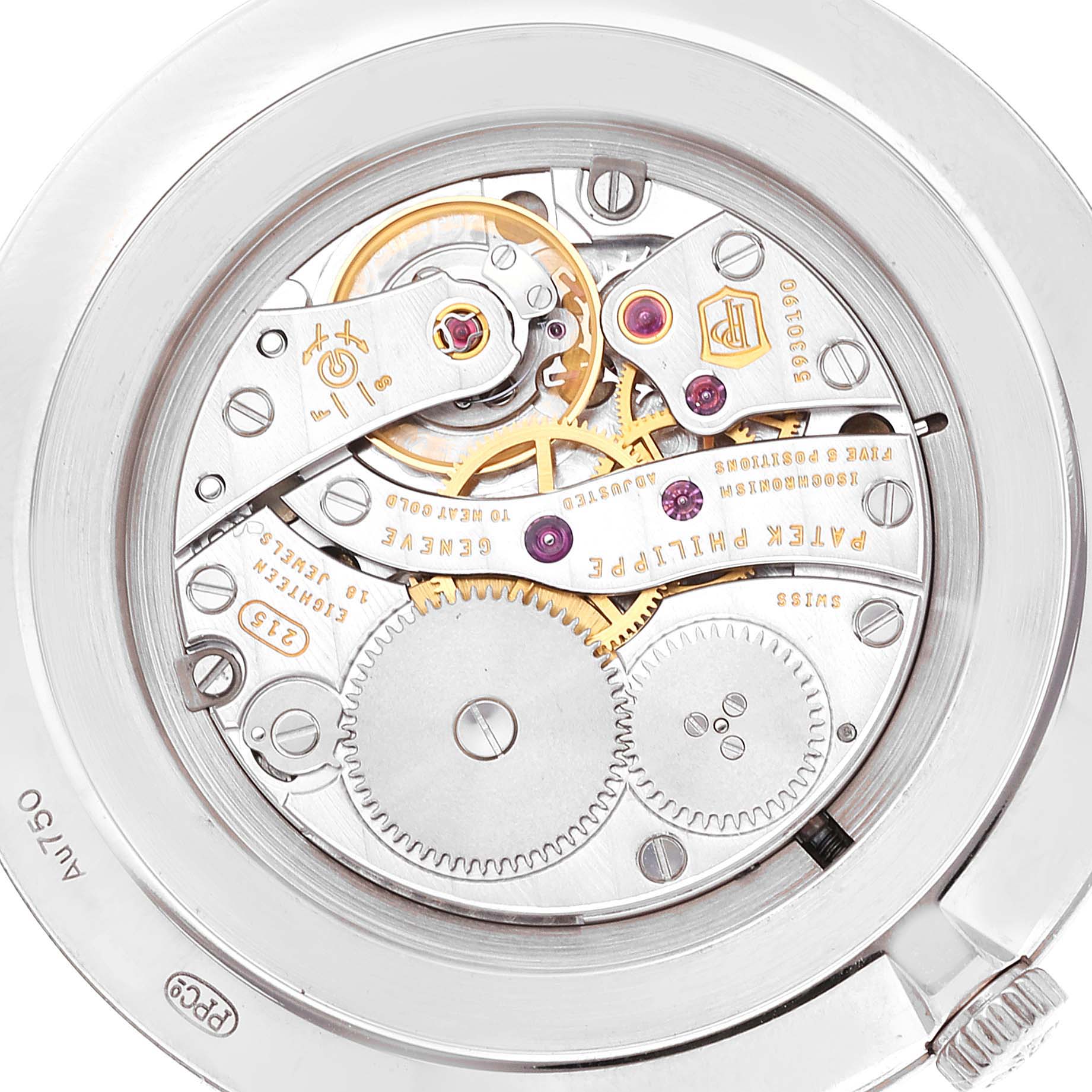 This image shows the movement and inner workings of the Patek Philippe Calatrava 5119G Men's White Gold White Dial 5119G Men's White Gold White Dial watch from a rear, transparent case-back angle.