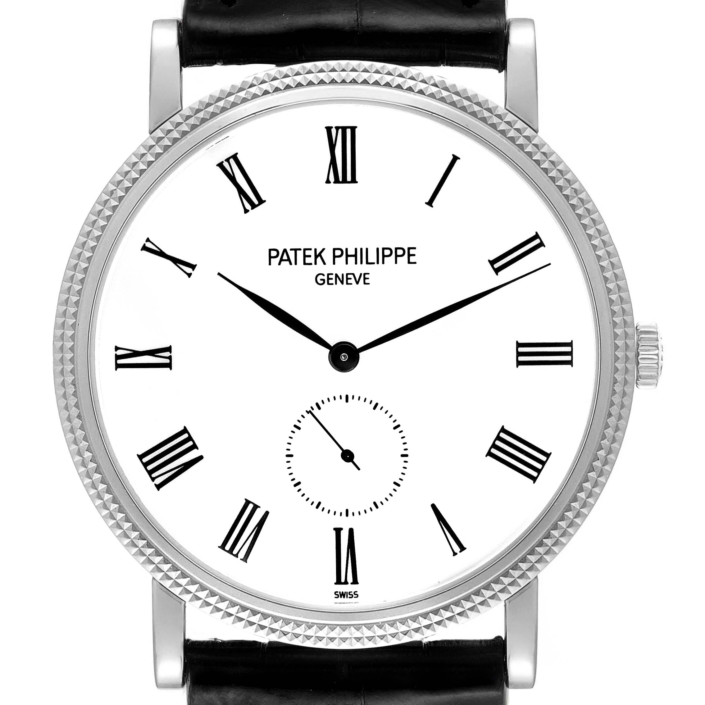 This image shows a front view of a Patek Philippe Calatrava 5119G Men's White Gold White Dial 5119G Men's White Gold White Dial watch, highlighting its dial, bezel, and upper part of the strap.