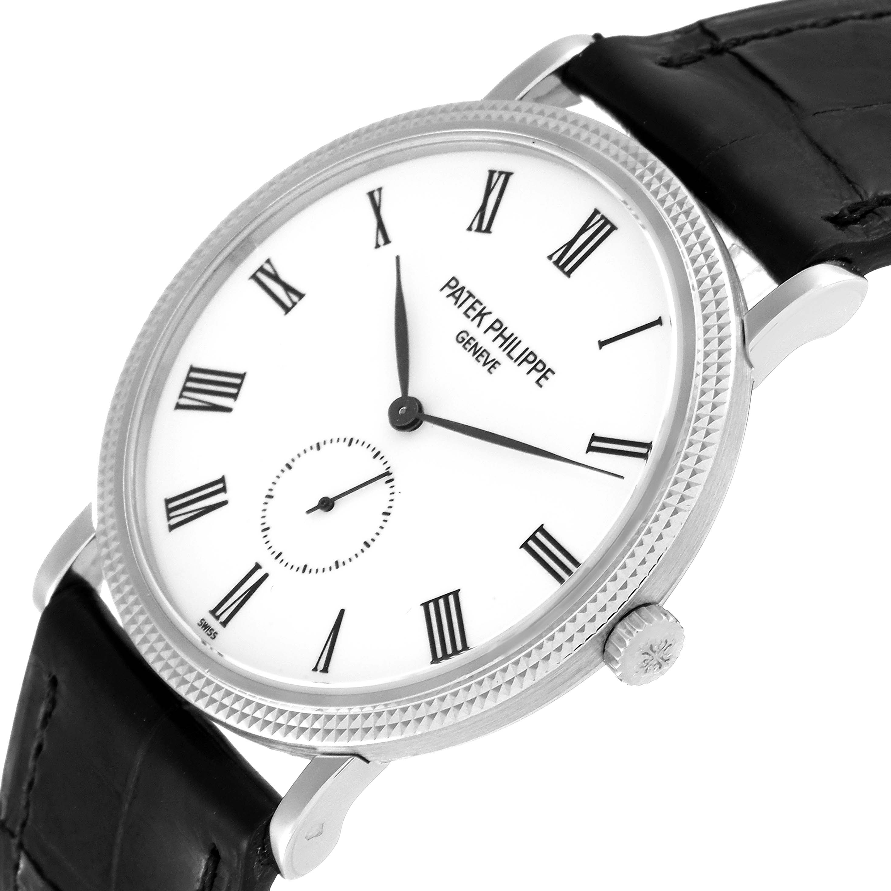 This image shows a close-up angle of the face and crown of a Patek Philippe Calatrava 5119G Men's White Gold White Dial 5119G Men's White Gold White Dial watch.