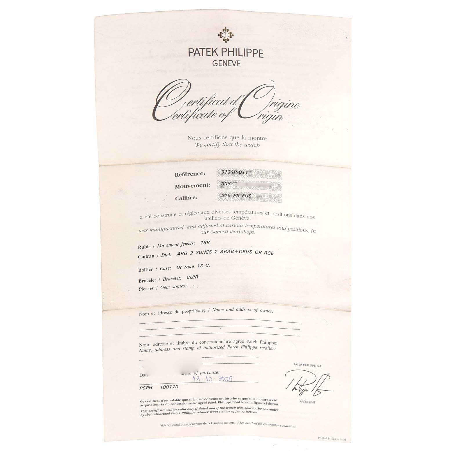 This image shows a Certificate of Origin for a Patek Philippe Calatrava 5134R-011 Men
s Rose Gold Silver Dial 5134R-011 Men
s Rose Gold Silver Dial watch, model reference 5137AR-011.