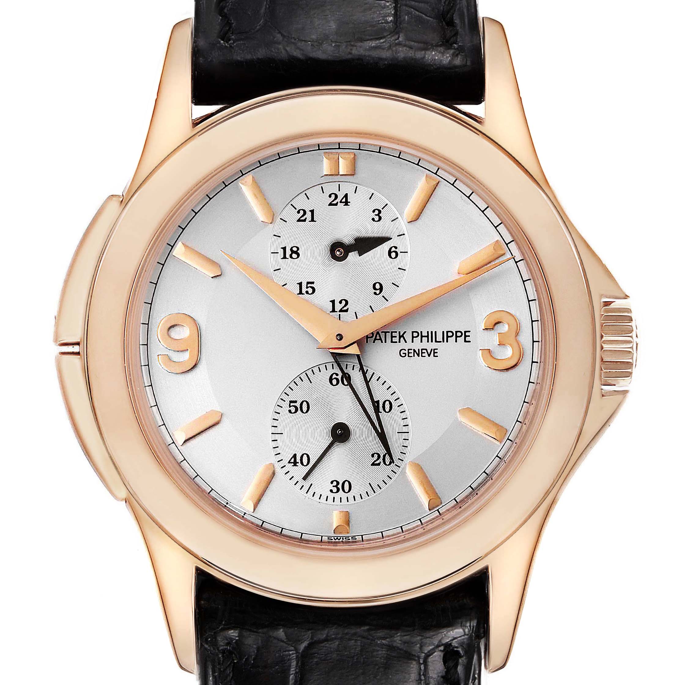The image shows a front view of a Patek Philippe Calatrava 5134R-011 Men
s Rose Gold Silver Dial 5134R-011 Men
s Rose Gold Silver Dial watch, highlighting its dial, hour markers, hands, and strap.