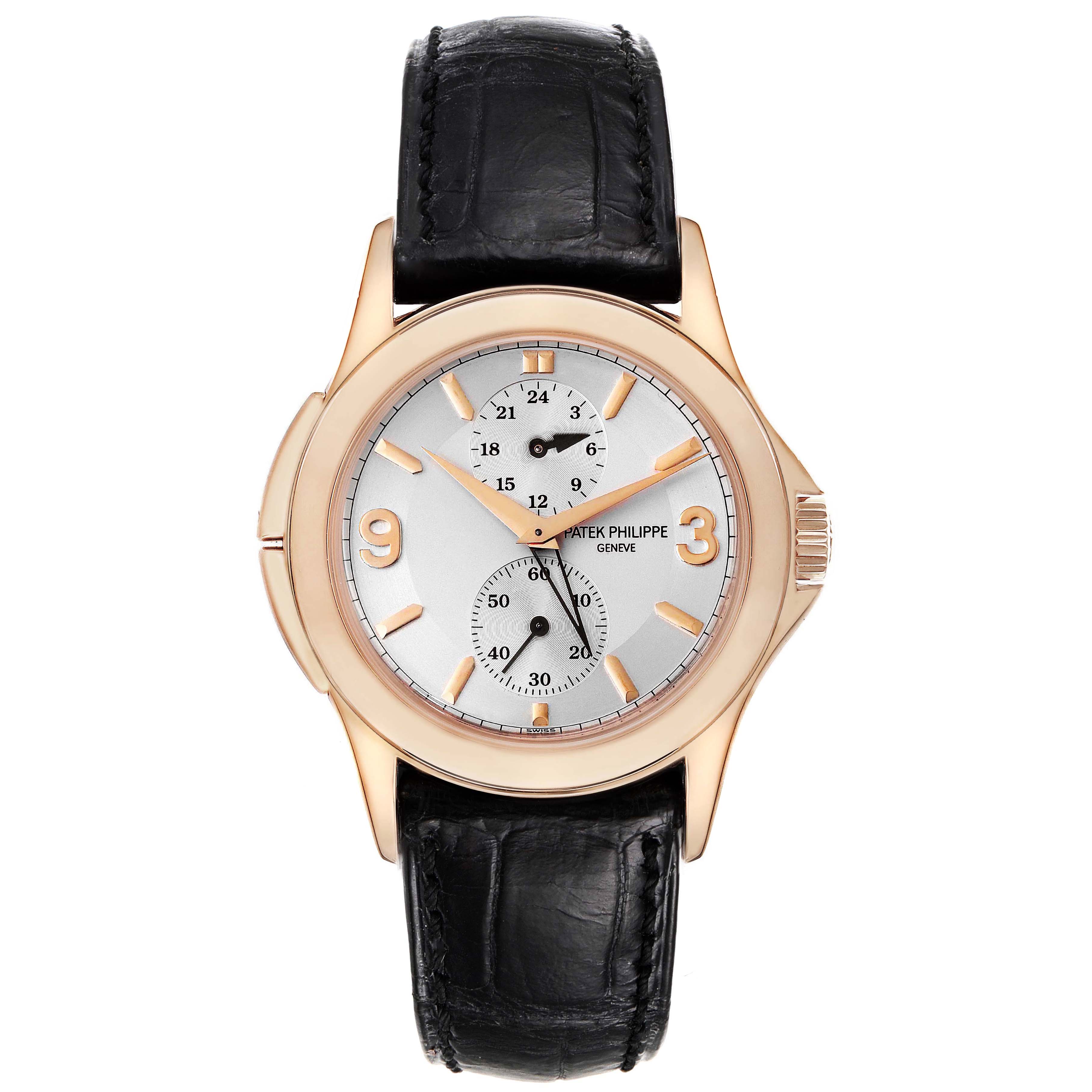 The image displays a front view of a Patek Philippe Calatrava 5134R-011 Men
s Rose Gold Silver Dial 5134R-011 Men
s Rose Gold Silver Dial watch with a black leather strap and a rose gold case.