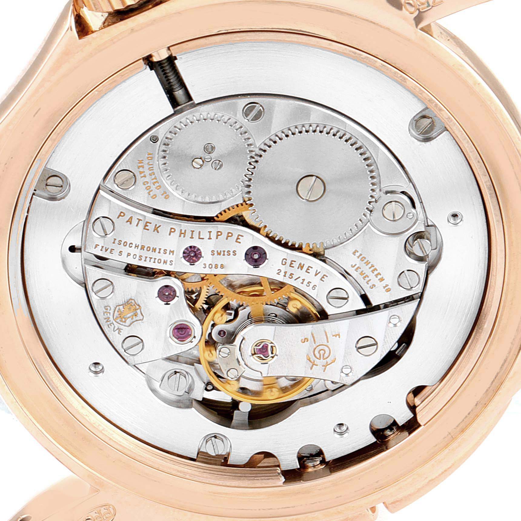 This image is a close-up of the Patek Philippe Calatrava 5134R-011 Men
s Rose Gold Silver Dial 5134R-011 Men
s Rose Gold Silver Dial model
s movement showcasing its internal mechanics.