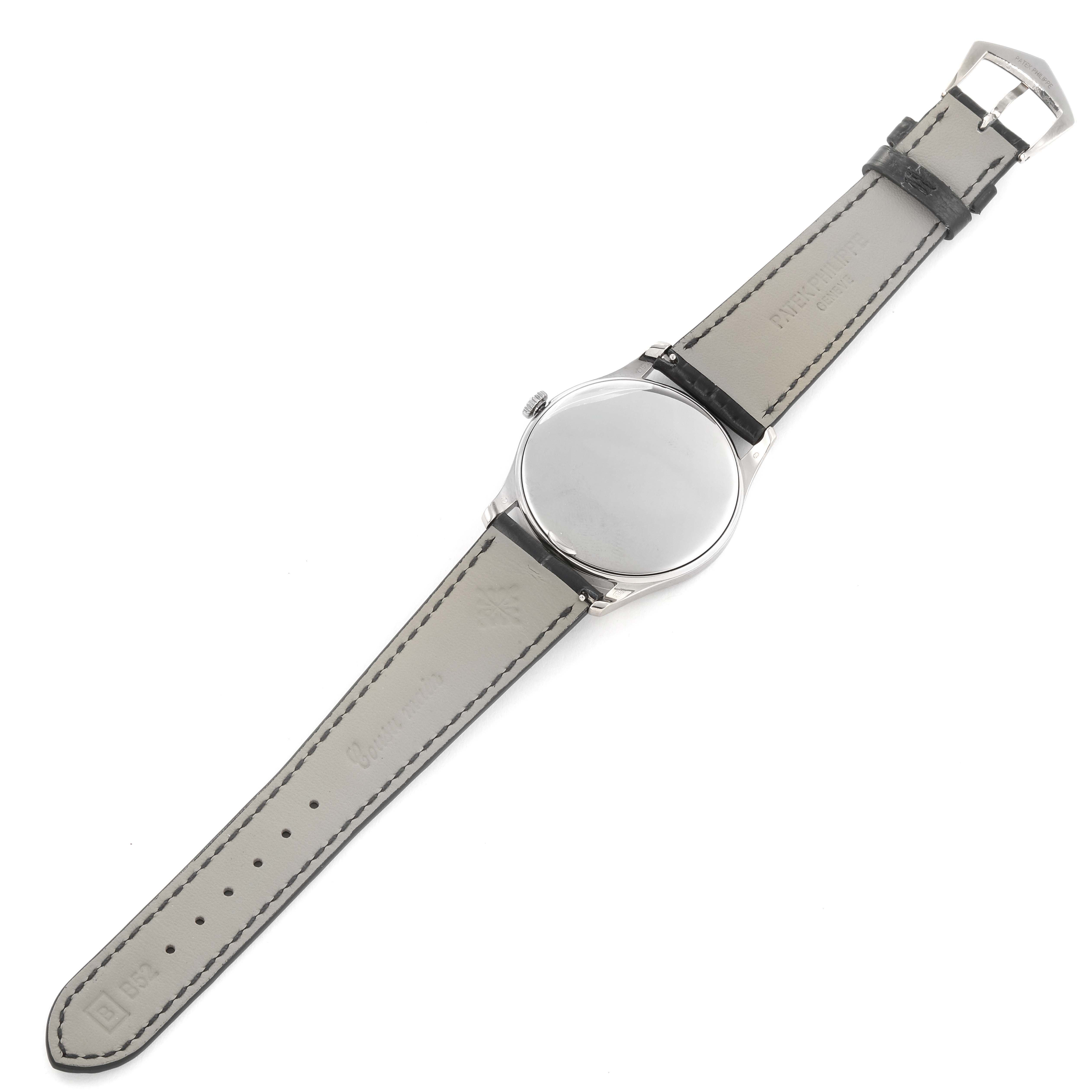 This image shows the back view of the Patek Philippe Calatrava 5196G Men's White Gold Silver Dial 5196G Men's White Gold Silver Dial watch, including the strap, buckle, and case back.