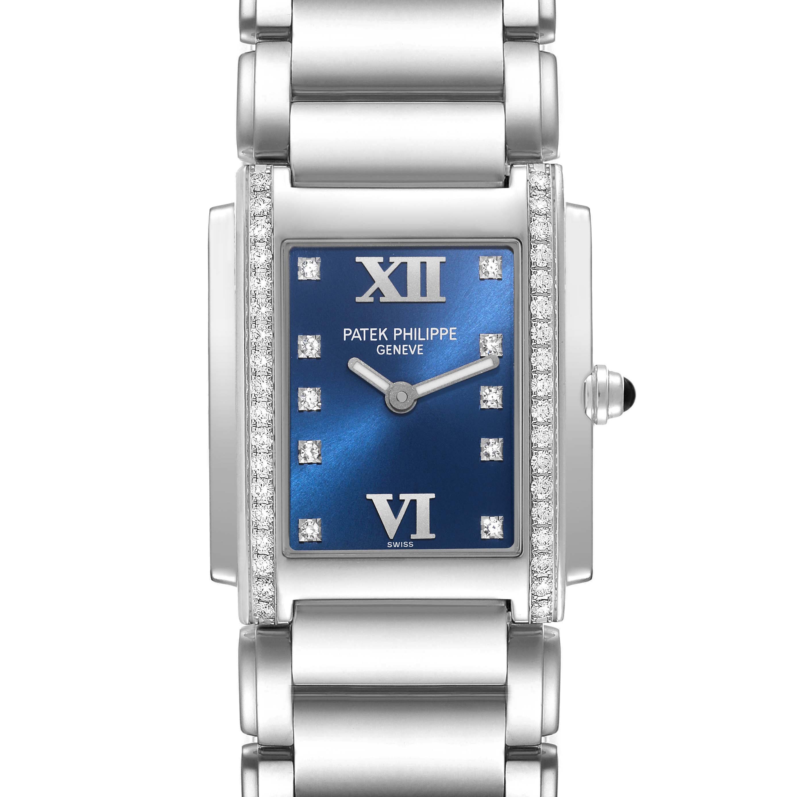 The Patek Philippe Twenty-4 4910/10A-012 Women's Stainless Steel Blue Dial 4910/10A-012 Women's Stainless Steel Blue Dial watch is shown from a top-down angle, highlighting the face, bezel, and part of the bracelet.