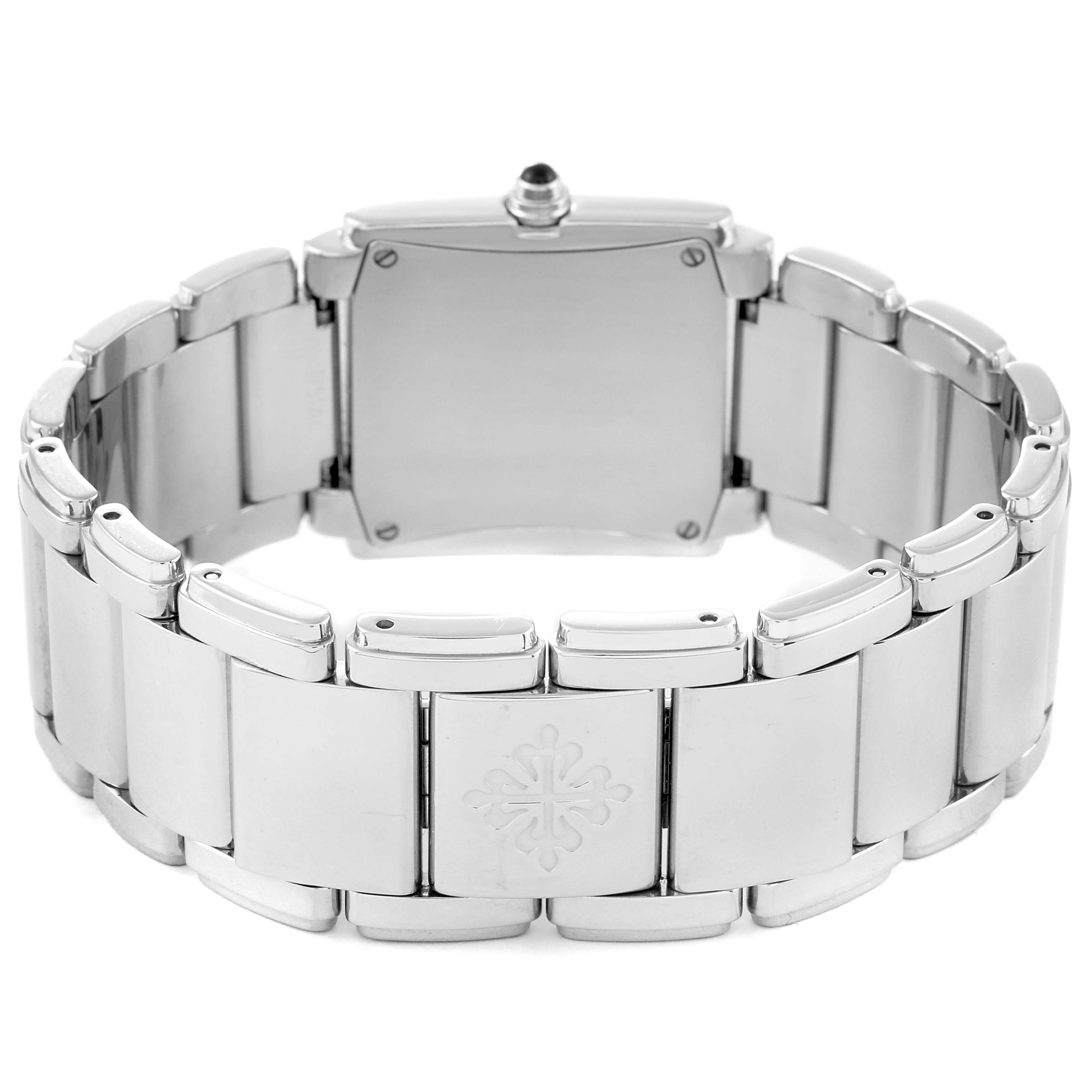 This image shows the rear view of a Patek Philippe Twenty-4 4910/10A-012 Women's Stainless Steel Blue Dial 4910/10A-012 Women's Stainless Steel Blue Dial watch, highlighting its metal bracelet and clasp.