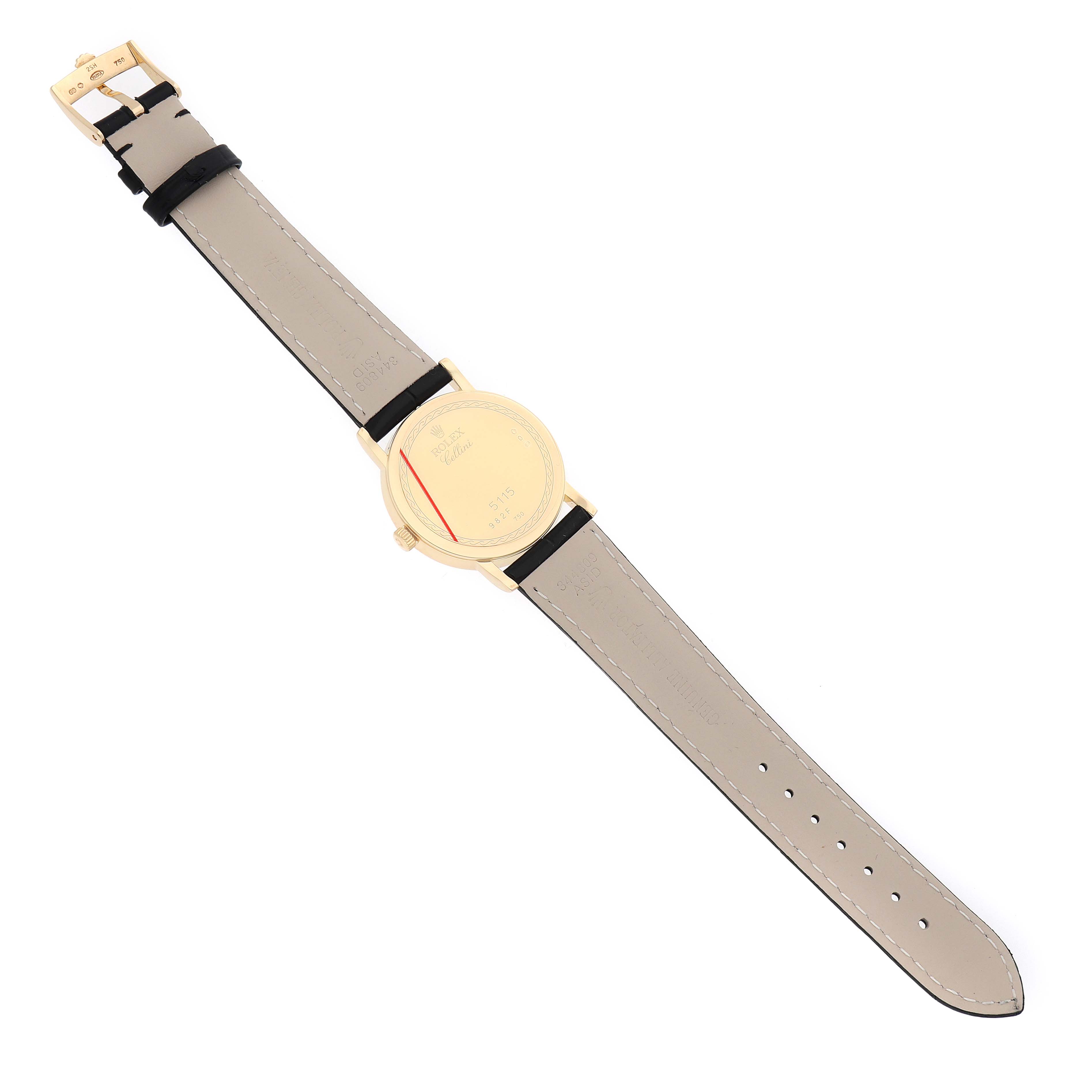 The image shows the back view of a Rolex Cellini 5115 Men's Yellow Gold Beige Dial watch, displaying the underside of the leather strap and the case back.