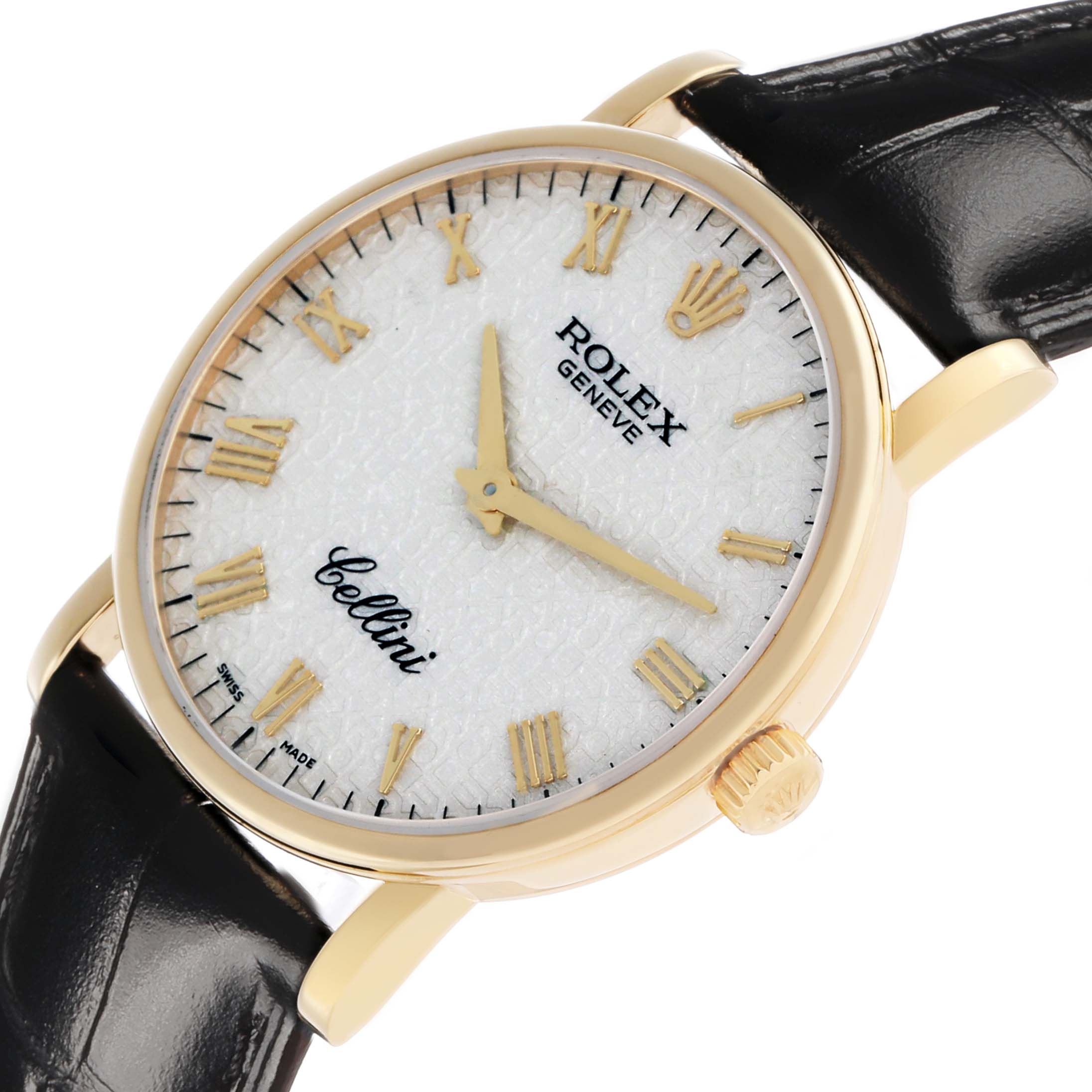 The Rolex Cellini 5115 Men's Yellow Gold Beige Dial watch is shown at an angle highlighting the dial, gold case, crown, and black strap.