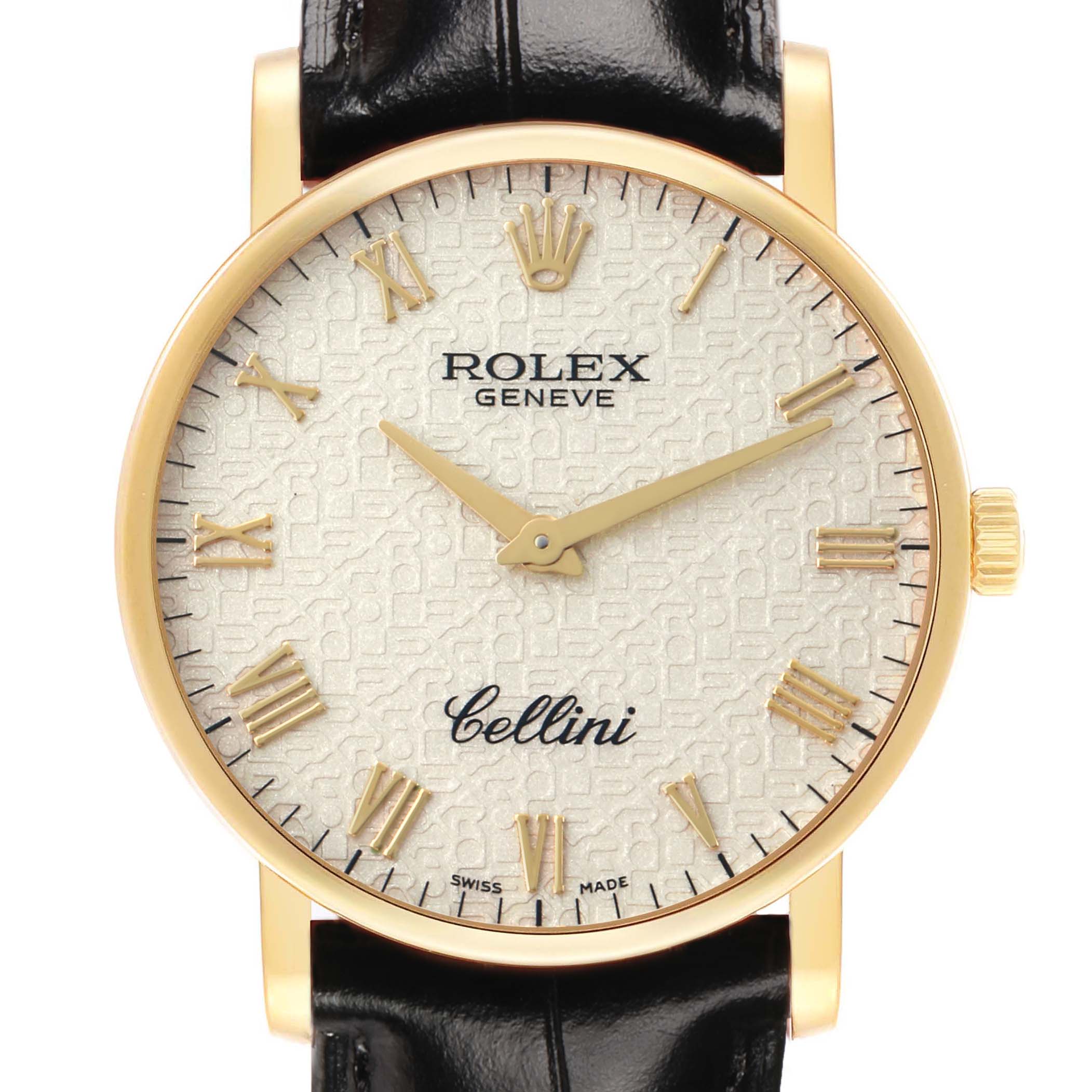 The Rolex Cellini 5115 Men's Yellow Gold Beige Dial watch is shown from the front, highlighting the dial, hands, crown, and part of the strap.