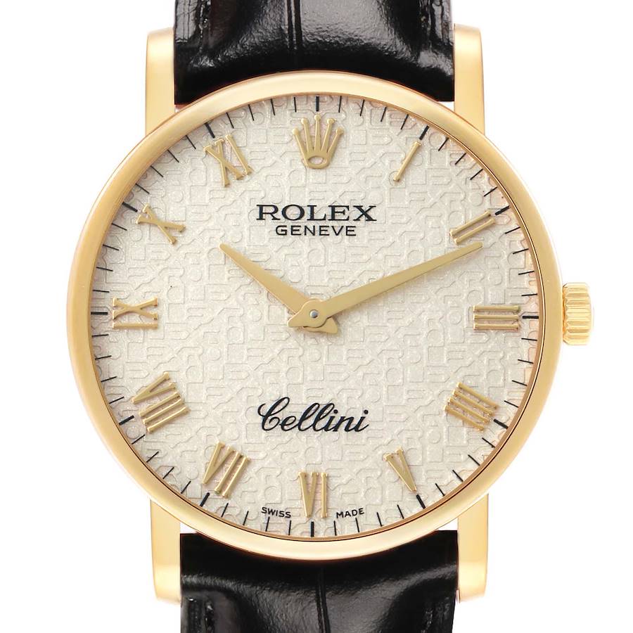 The Rolex Cellini 5115 Men's Yellow Gold Beige Dial watch is shown from the front, highlighting the dial, hands, crown, and part of the strap.