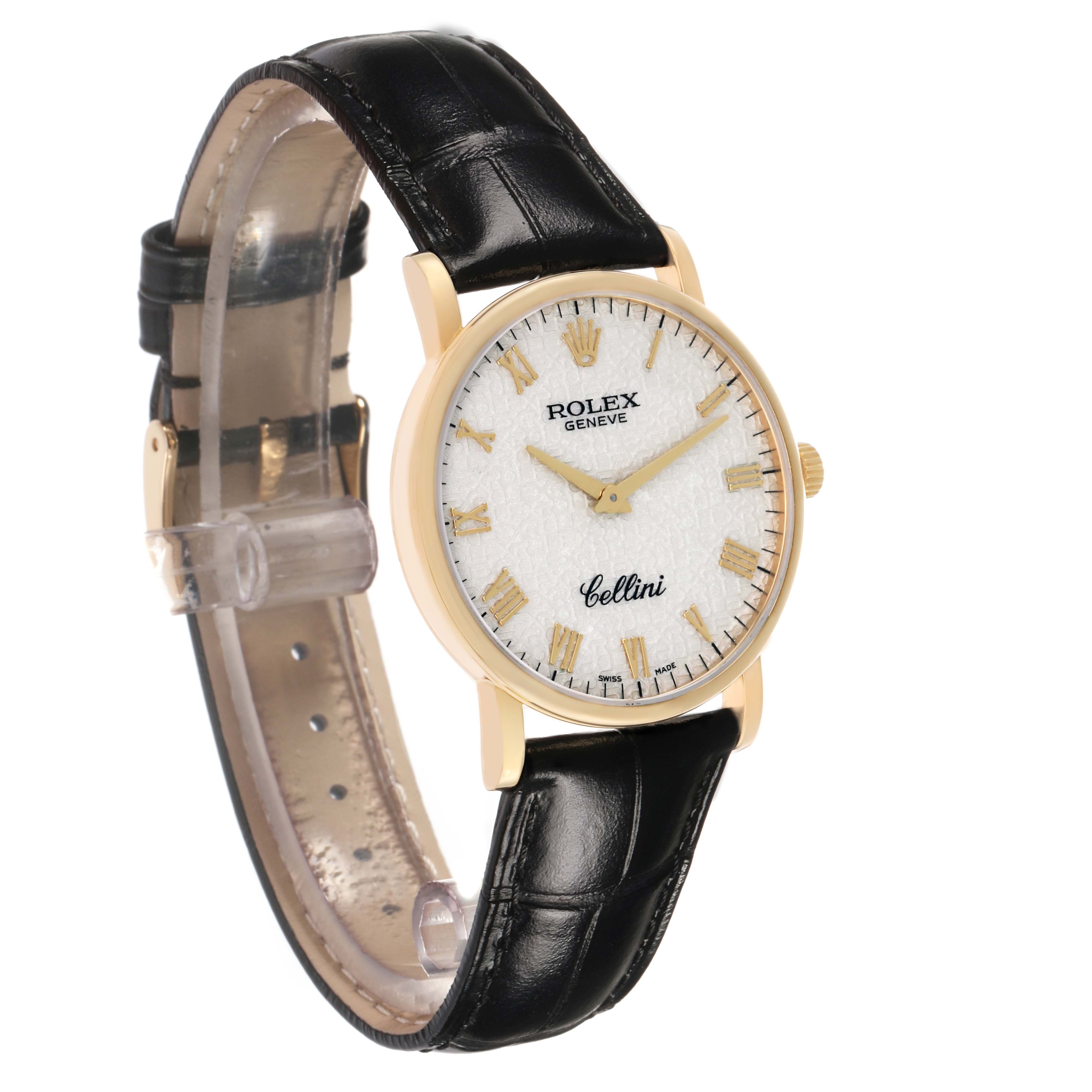 The image shows a Rolex Cellini 5115 Men's Yellow Gold Beige Dial watch at a front-left angle, highlighting its dial, case, crown, and leather strap.