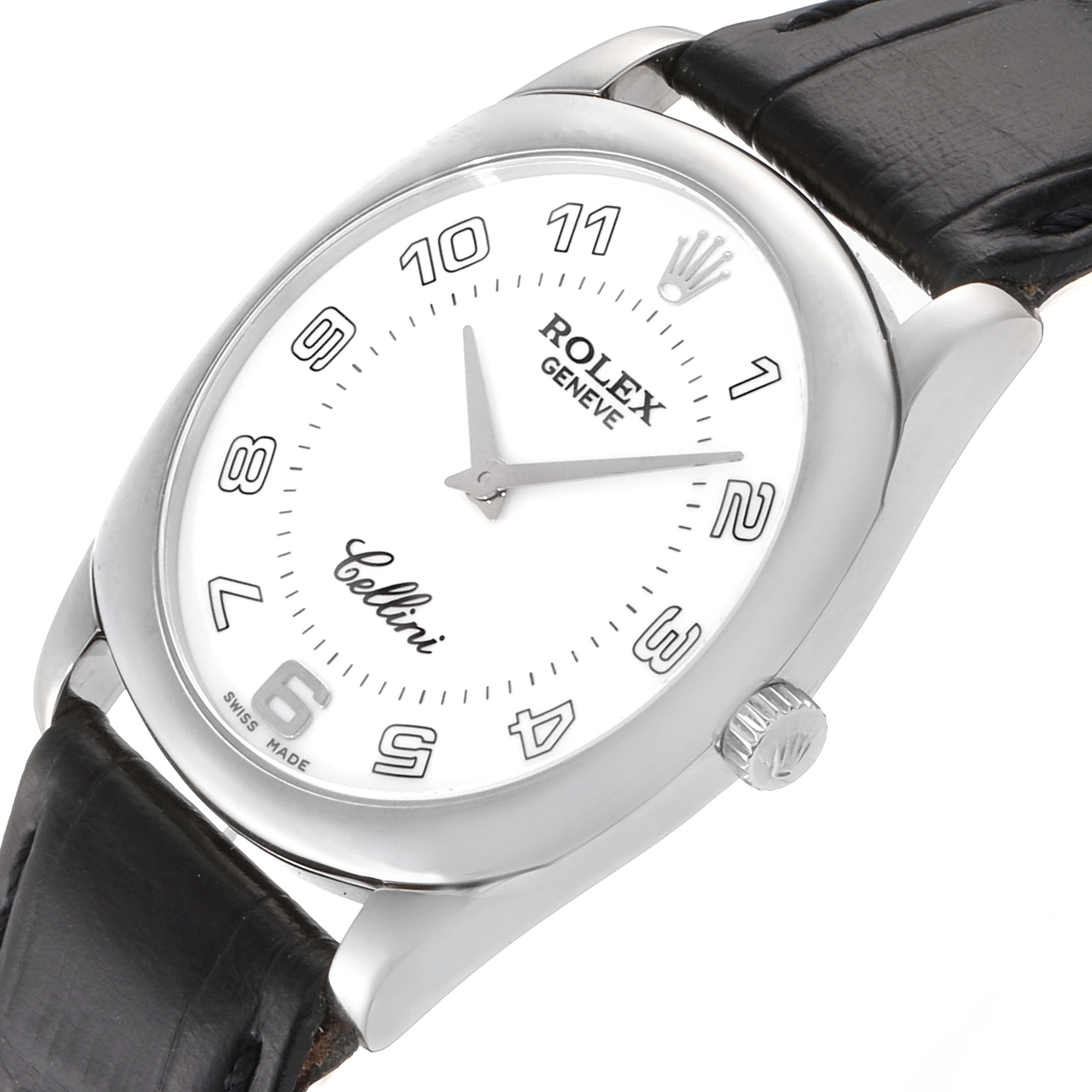 The image shows a Rolex Cellini 4233 Men's White Gold White Dial 4233 Men's White Gold White Dial watch at an angled view, highlighting the watch face, crown, and part of the leather strap.