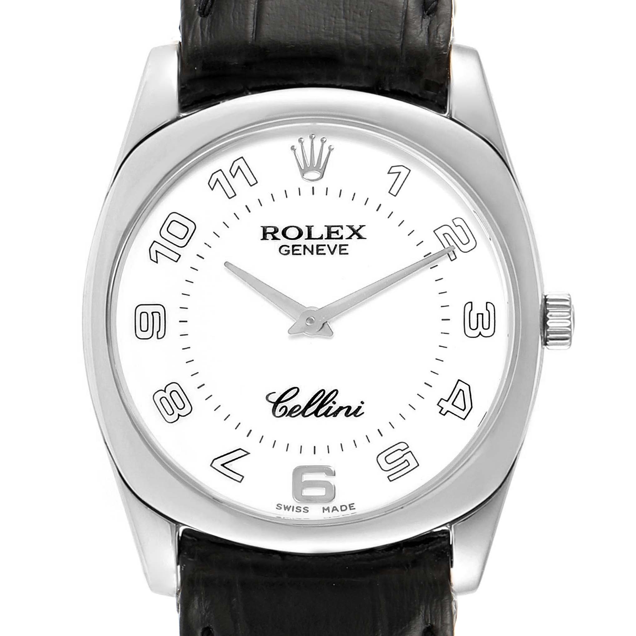 This image shows a front view of the Rolex Cellini 4233 Men's White Gold White Dial 4233 Men's White Gold White Dial watch, highlighting its dial, numerals, crown, and black leather strap.
