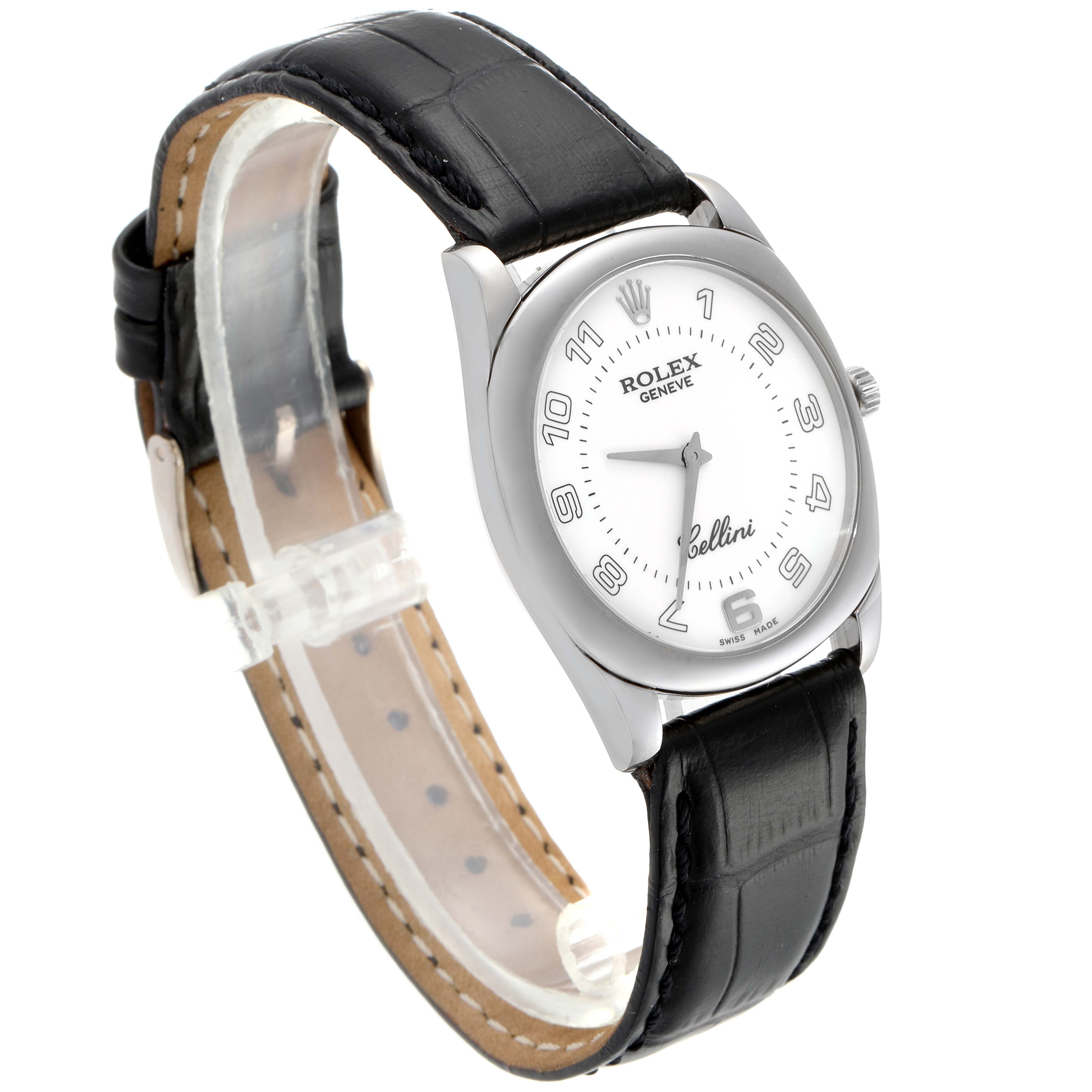 The image shows the Rolex Cellini 4233 Men's White Gold White Dial 4233 Men's White Gold White Dial watch from a three-quarter angle displaying its face, bezel, crown, and leather strap.