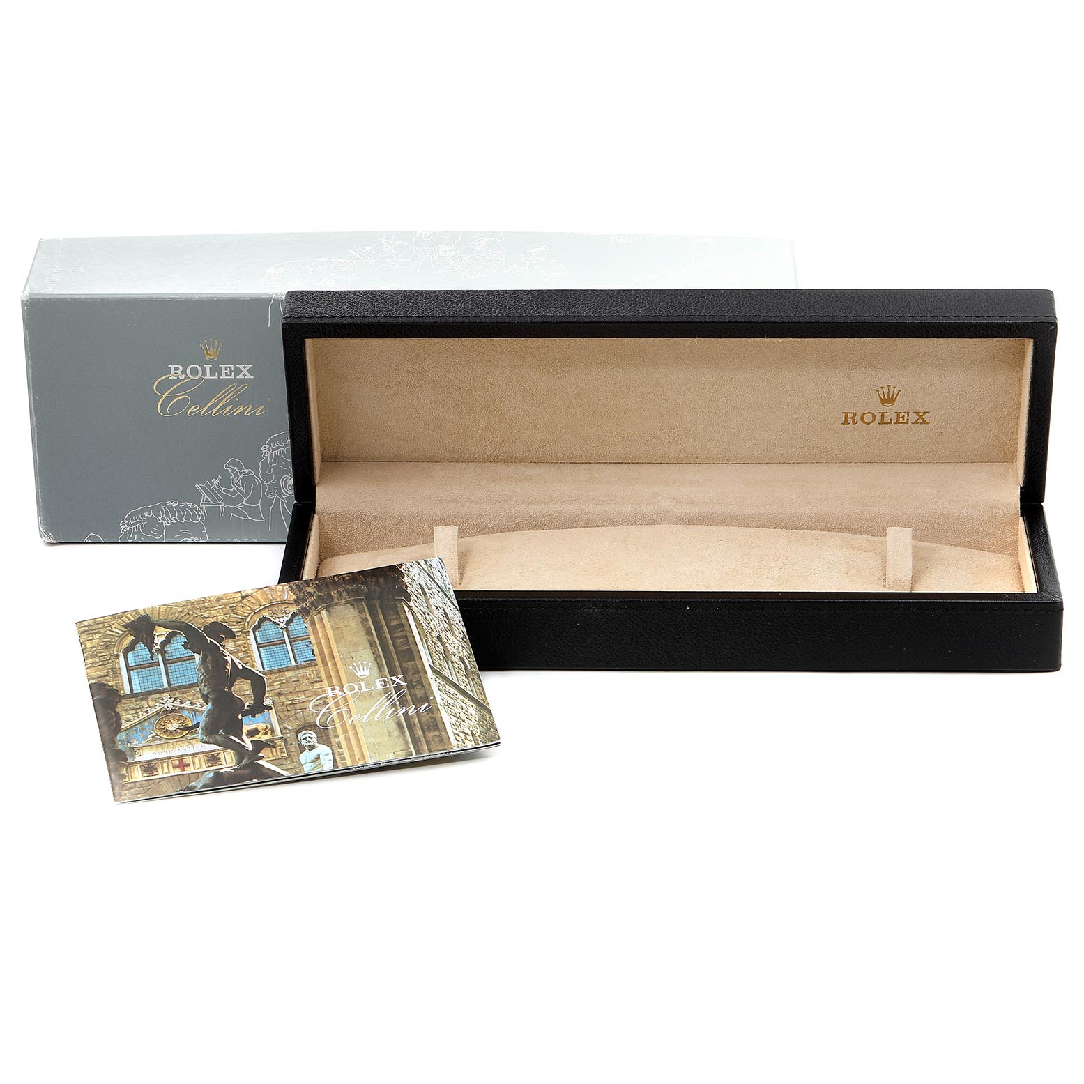 The image shows an open Rolex Cellini 4233 Men's White Gold White Dial 4233 Men's White Gold White Dial watch box and its outer packaging, along with a booklet placed in front.