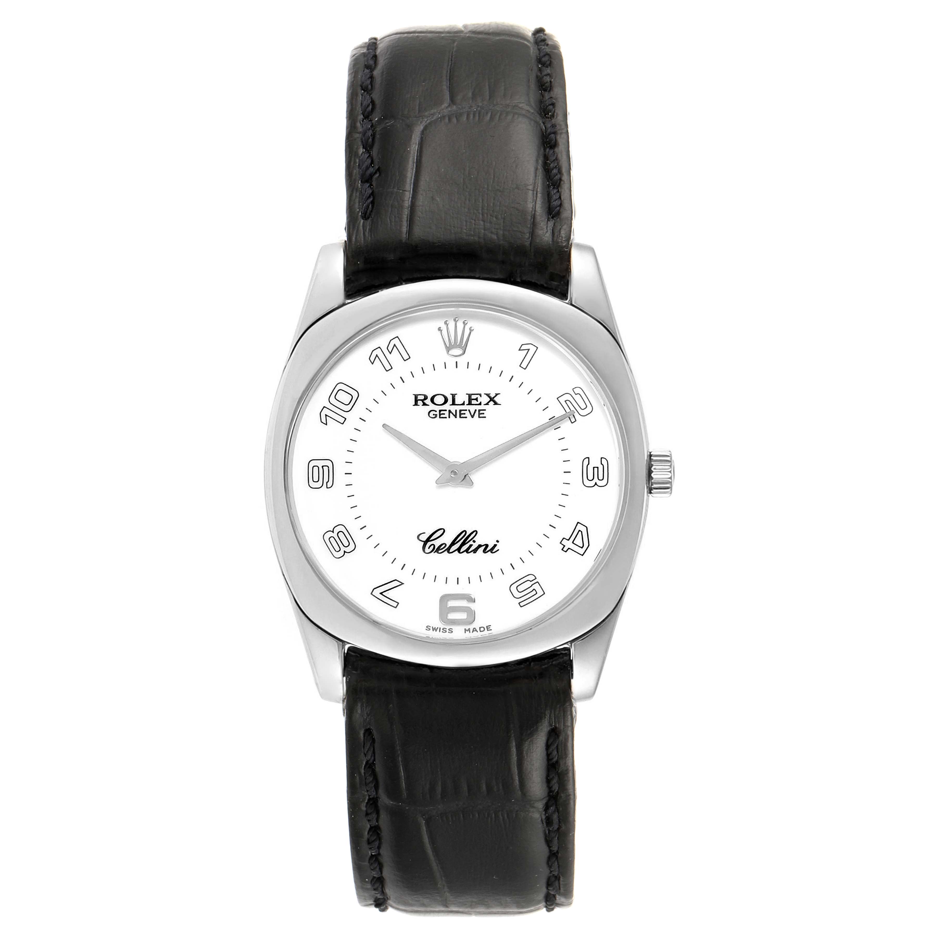 The image shows a frontal view of a Rolex Cellini 4233 Men's White Gold White Dial 4233 Men's White Gold White Dial watch with a black leather strap and a white dial.