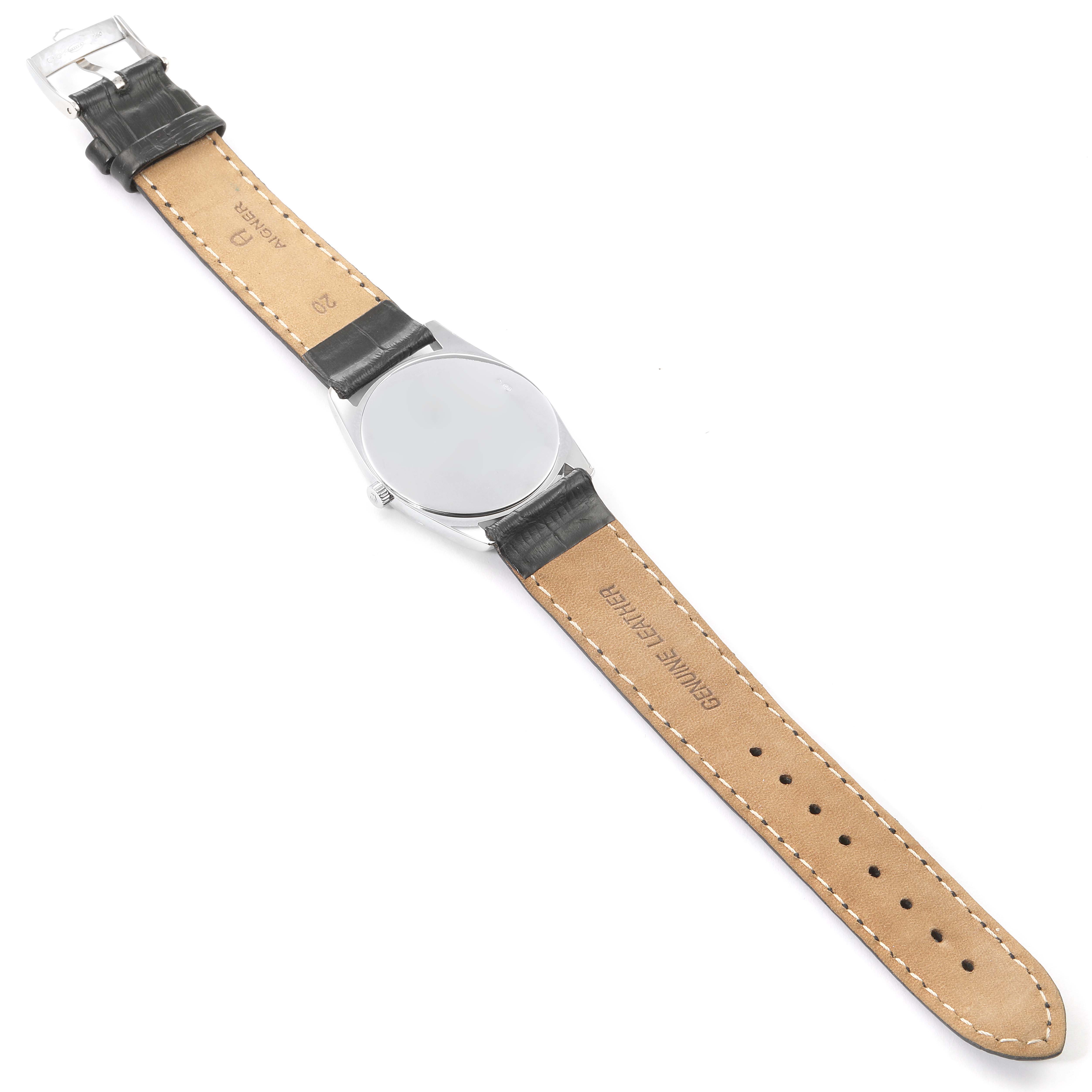 The image shows a top view of a Rolex Cellini 4233 Men's White Gold White Dial 4233 Men's White Gold White Dial watch featuring the full leather strap and watch face.