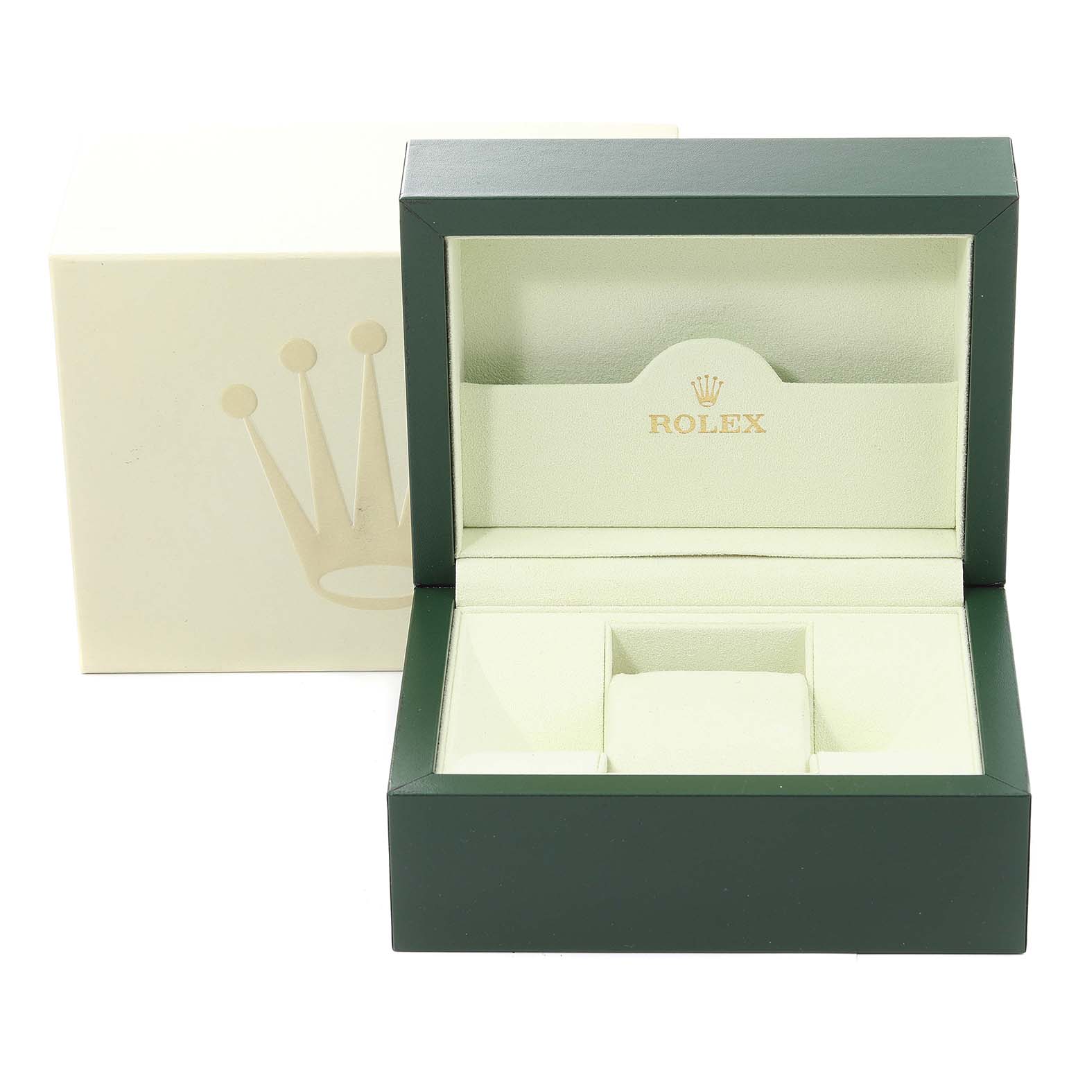 The image shows an open, green and cream Rolex watch box for the Cellini model, positioned in front of its outer packaging.