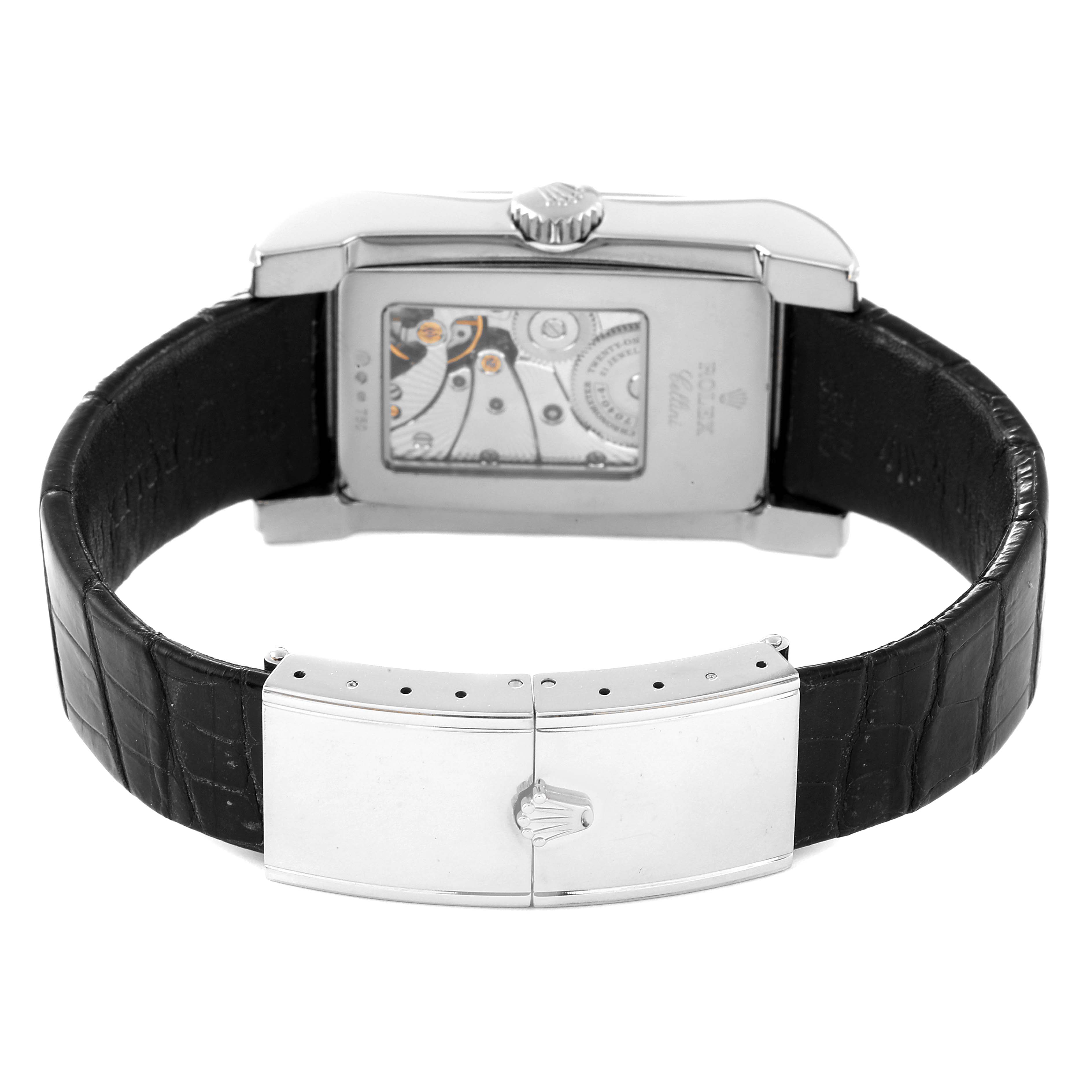 This image shows the back view of a Rolex Cellini 5443/9 Men's White Gold Black Dial 5443/9 Men's White Gold Black Dial watch, highlighting its movement and leather strap with a clasp.