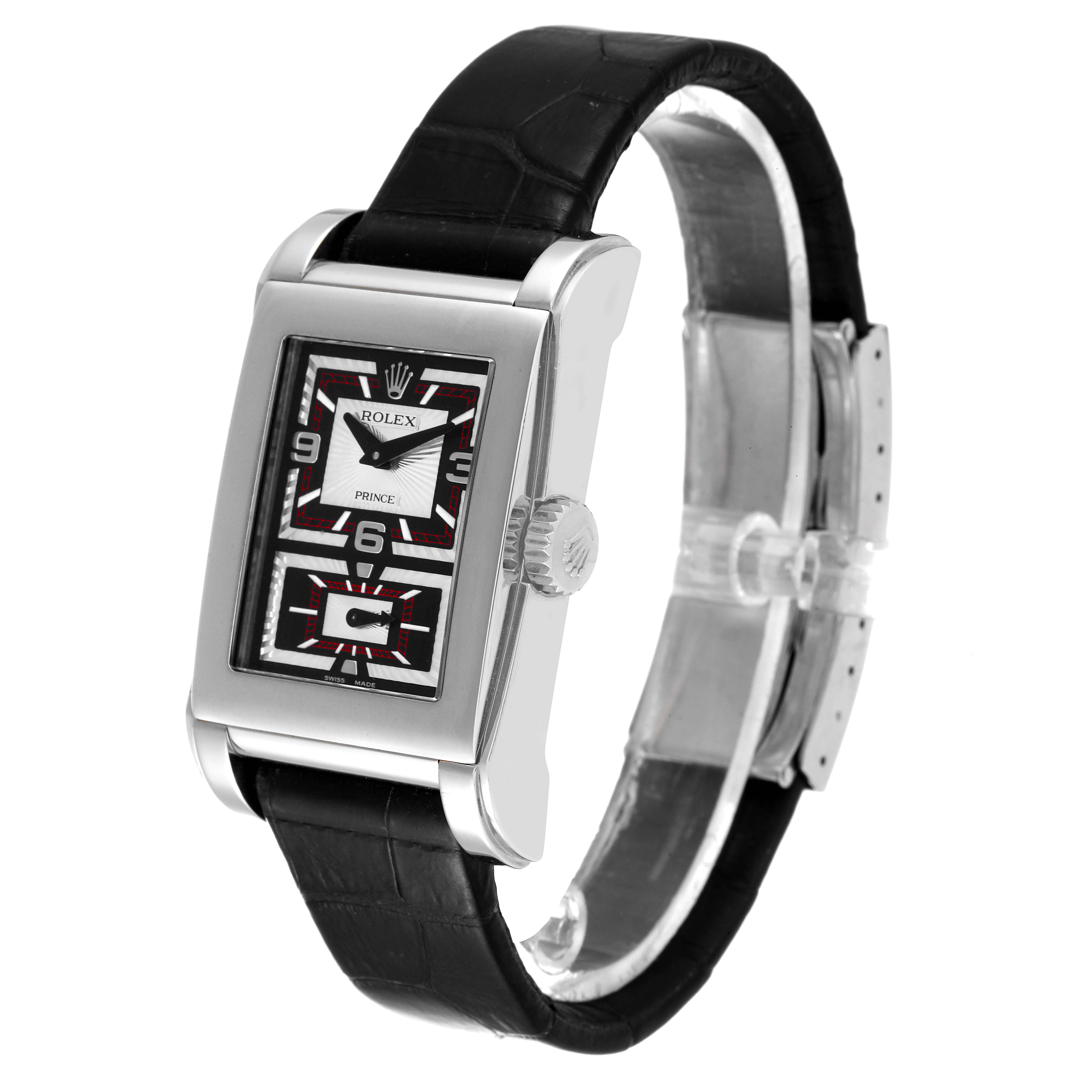 The image shows a side and partial front angle of a Rolex Cellini 5443/9 Men's White Gold Black Dial 5443/9 Men's White Gold Black Dial watch with a black leather strap.