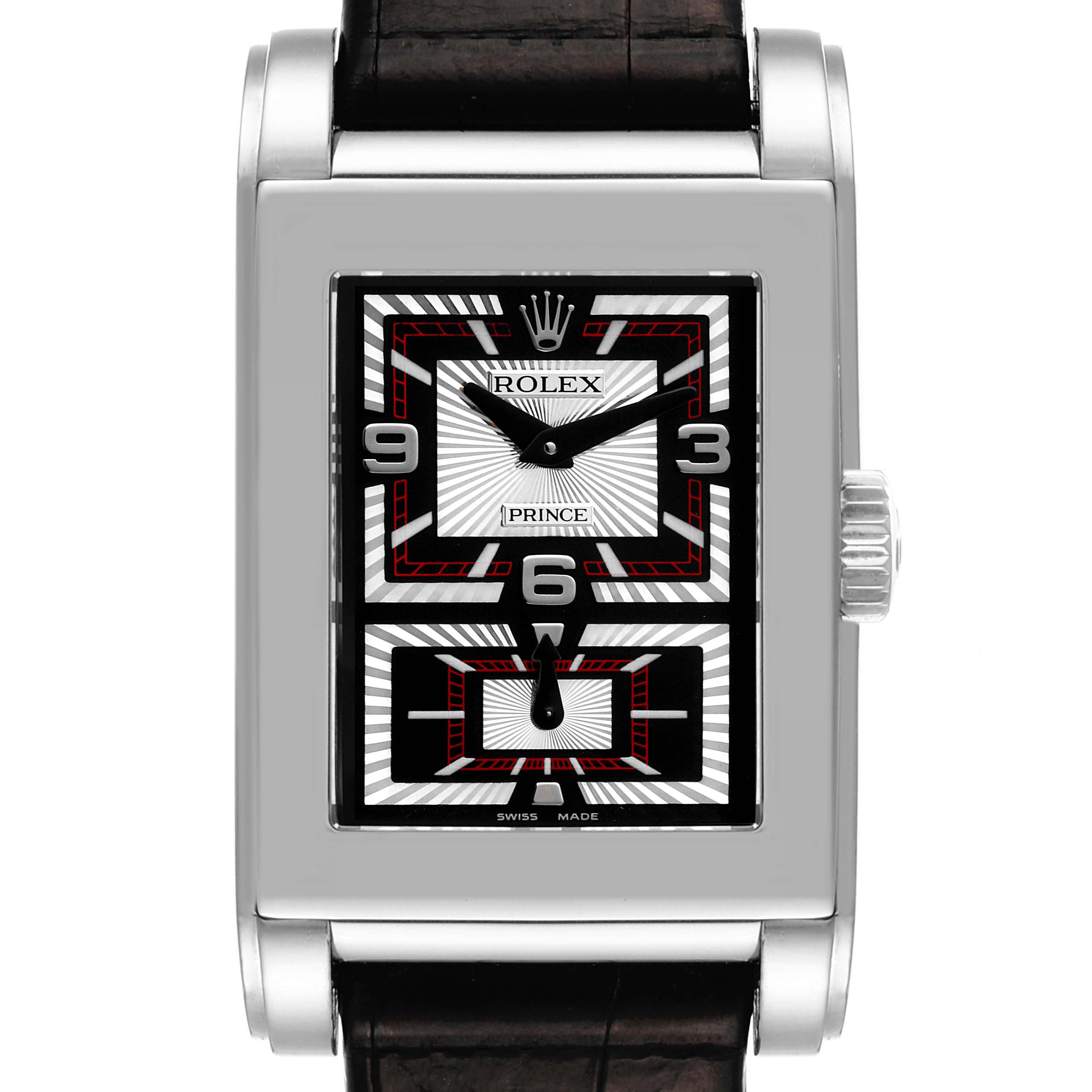The image shows a frontal view of a Rolex Cellini 5443/9 Men's White Gold Black Dial 5443/9 Men's White Gold Black Dial Prince model watch displaying its rectangular face and leather strap.