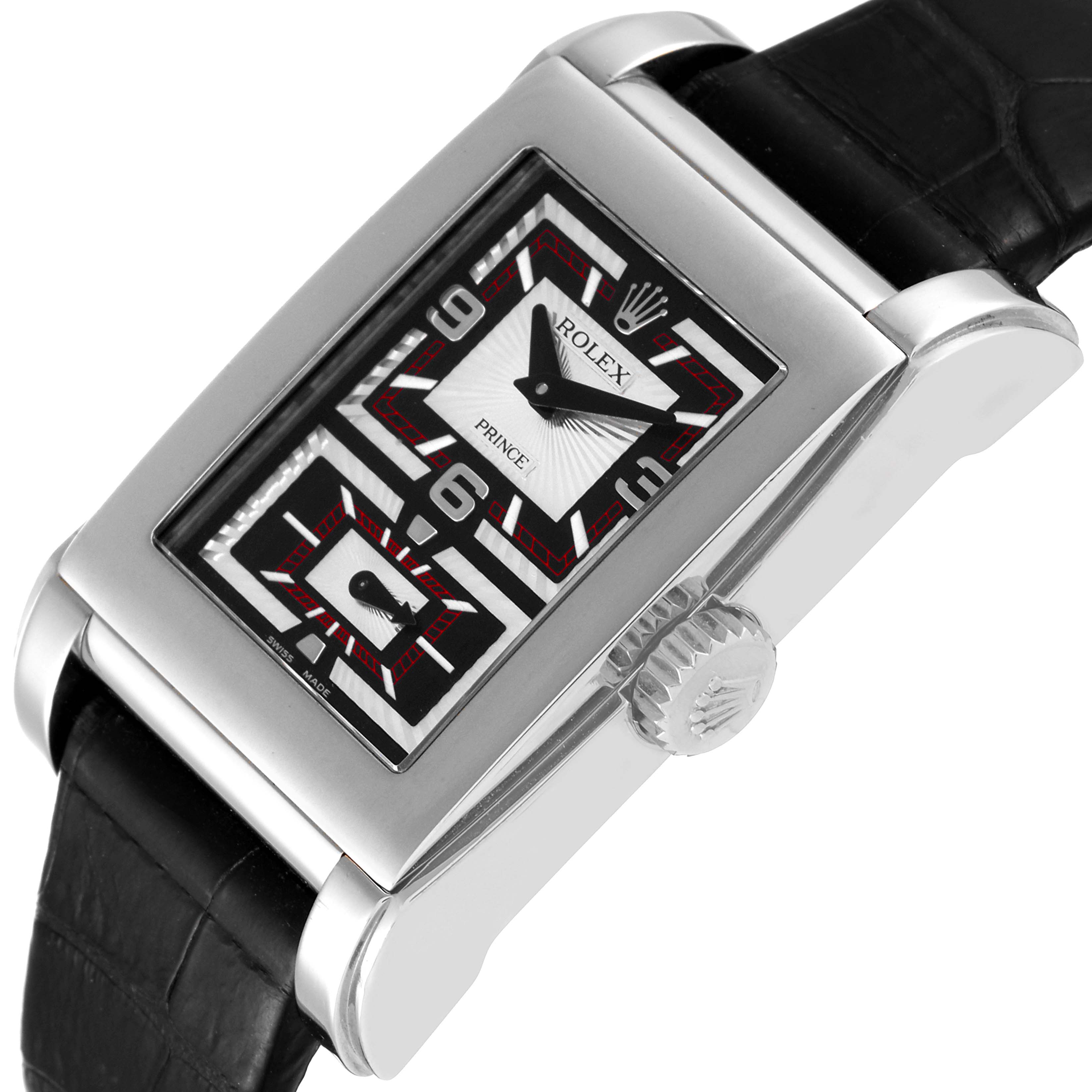 The image shows a close-up of the Rolex Cellini 5443/9 Men's White Gold Black Dial 5443/9 Men's White Gold Black Dial Prince watch at a slight angle, highlighting the dial, crown, and strap.