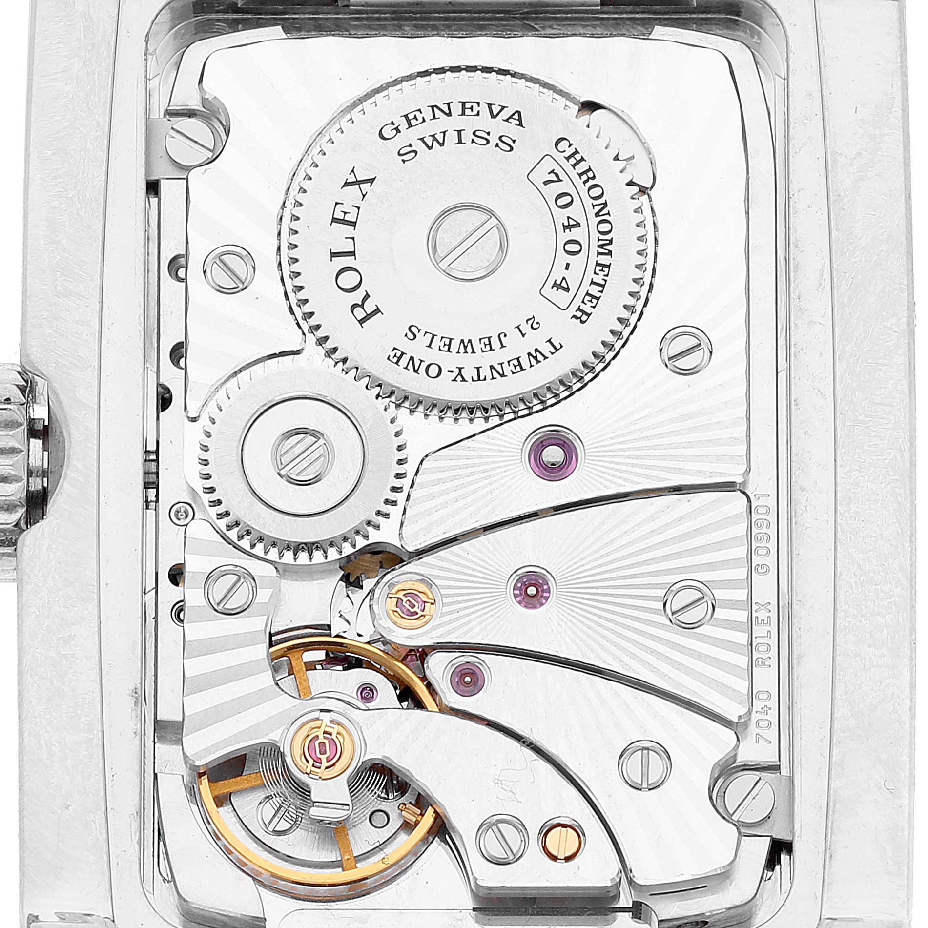 The image shows an internal view of the movement from the back of the Rolex Cellini 5443/9 Men's White Gold Black Dial 5443/9 Men's White Gold Black Dial watch, displaying the gears and intricate components.