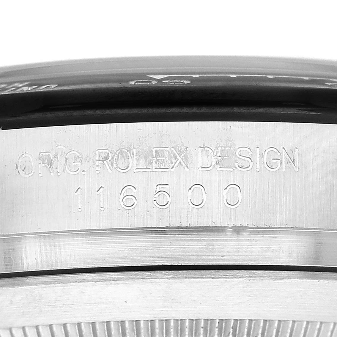 The image shows a close-up of the side of the Rolex Daytona 116500LN Men's Stainless Steel Black Dial 116500LN Men's Stainless Steel Black Dial watch case with the model number "116500" engraved on it.