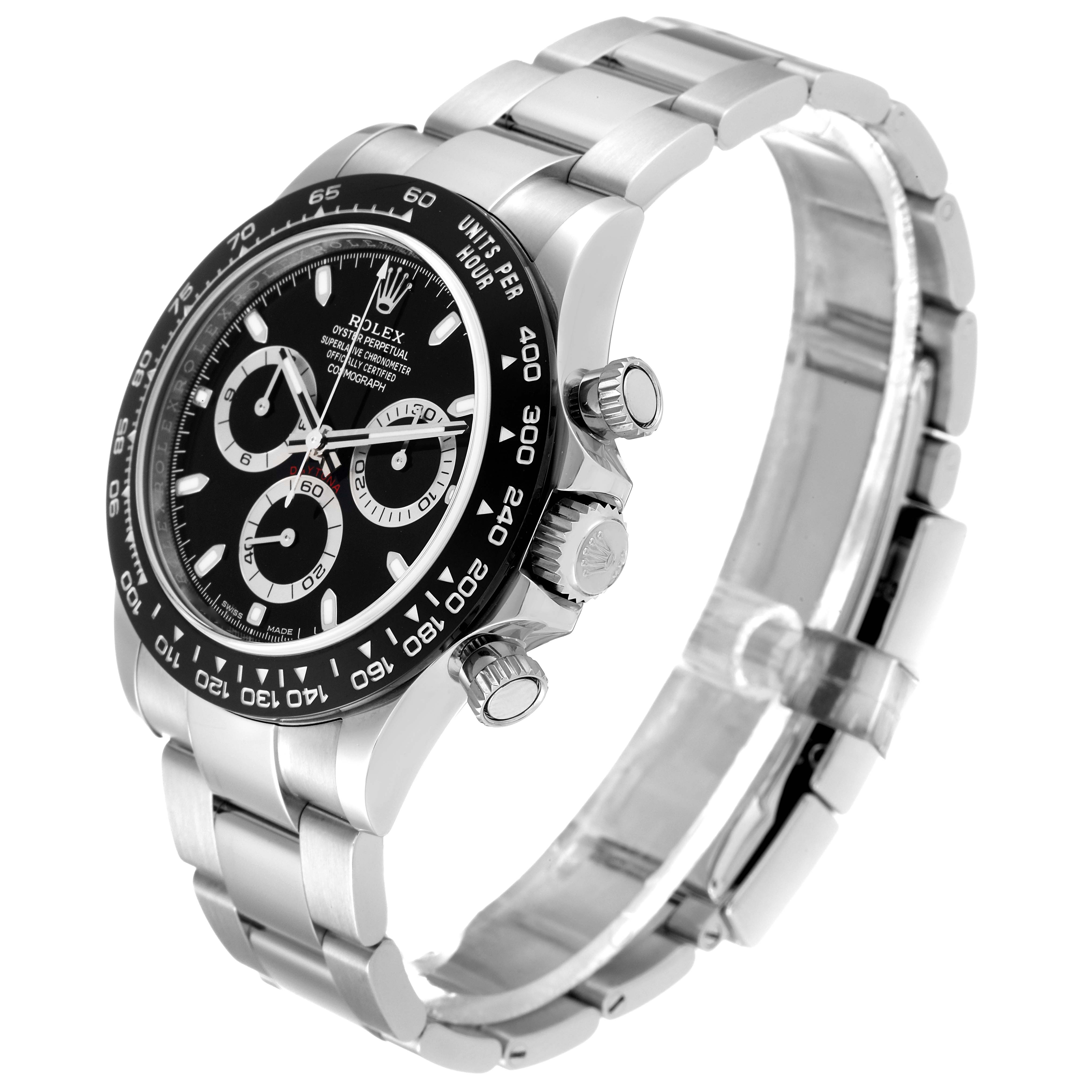 This image shows a side and top view of the Rolex Daytona 116500LN Men's Stainless Steel Black Dial 116500LN Men's Stainless Steel Black Dial, focusing on the bracelet, bezel, and chronograph buttons.
