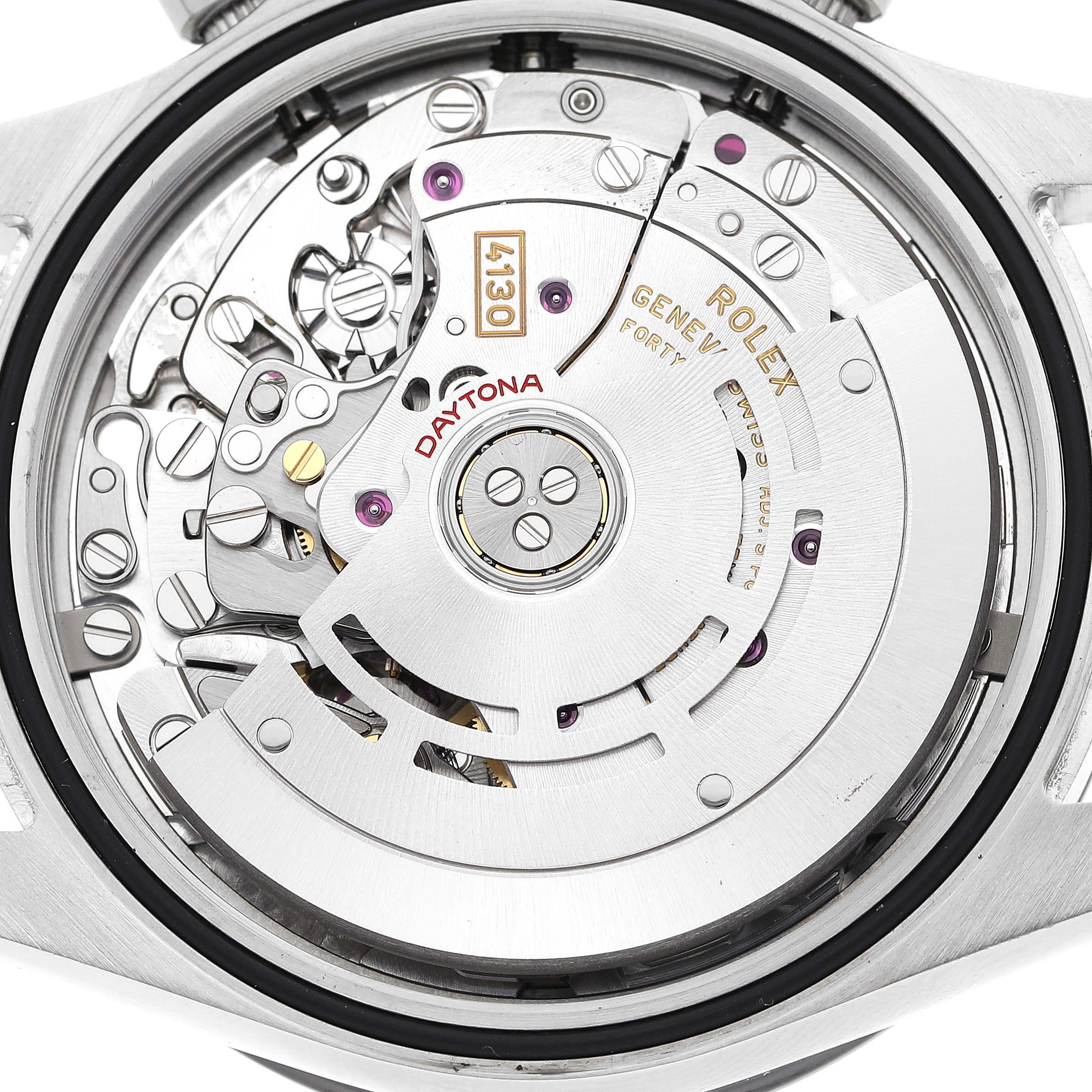 This image shows the intricate internal movement of a Rolex Daytona 116500LN Men's Stainless Steel Black Dial 116500LN Men's Stainless Steel Black Dial watch from a rear angle.