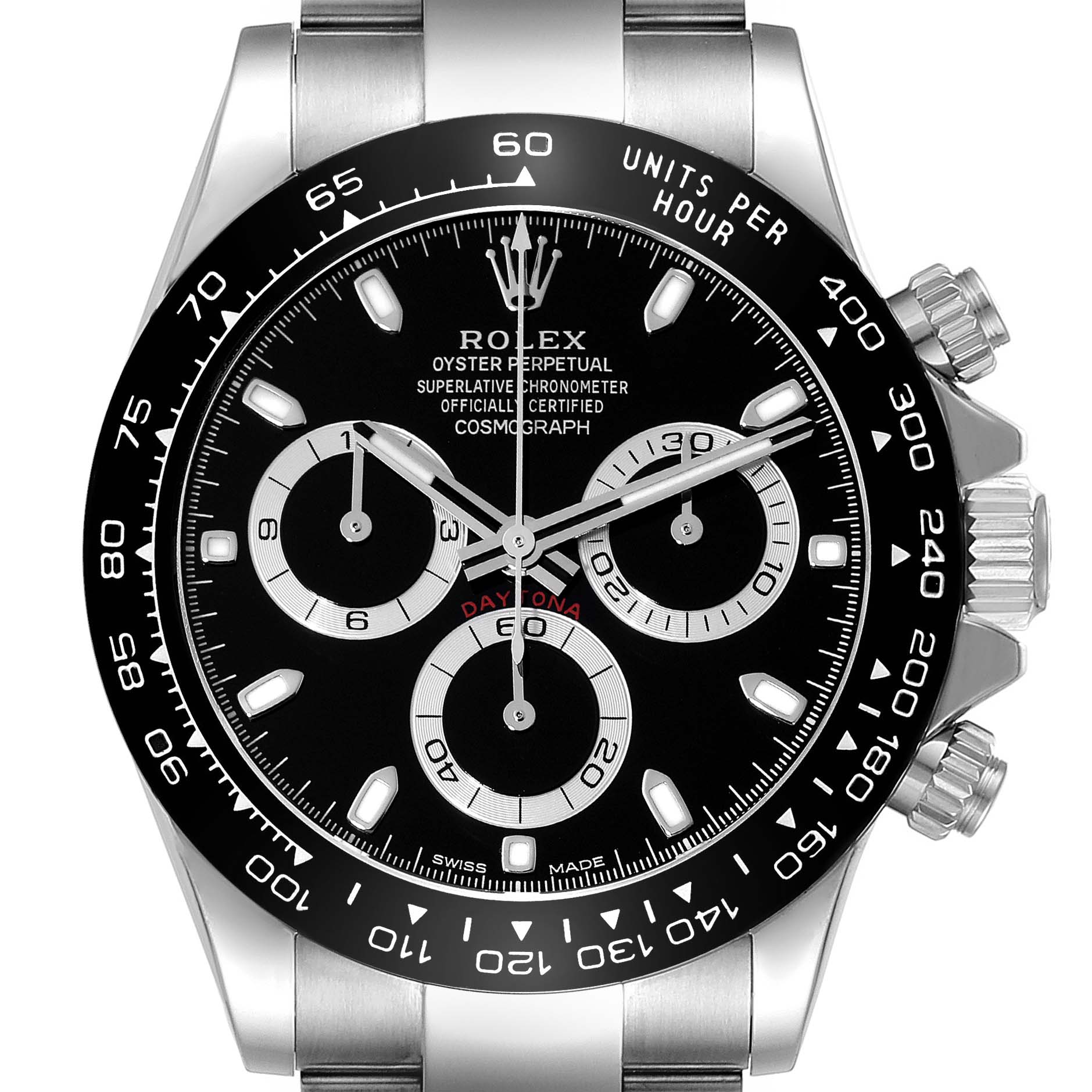 This image shows a front view of the Rolex Daytona 116500LN Men's Stainless Steel Black Dial 116500LN Men's Stainless Steel Black Dial watch, highlighting the dial, subdials, and bezel.