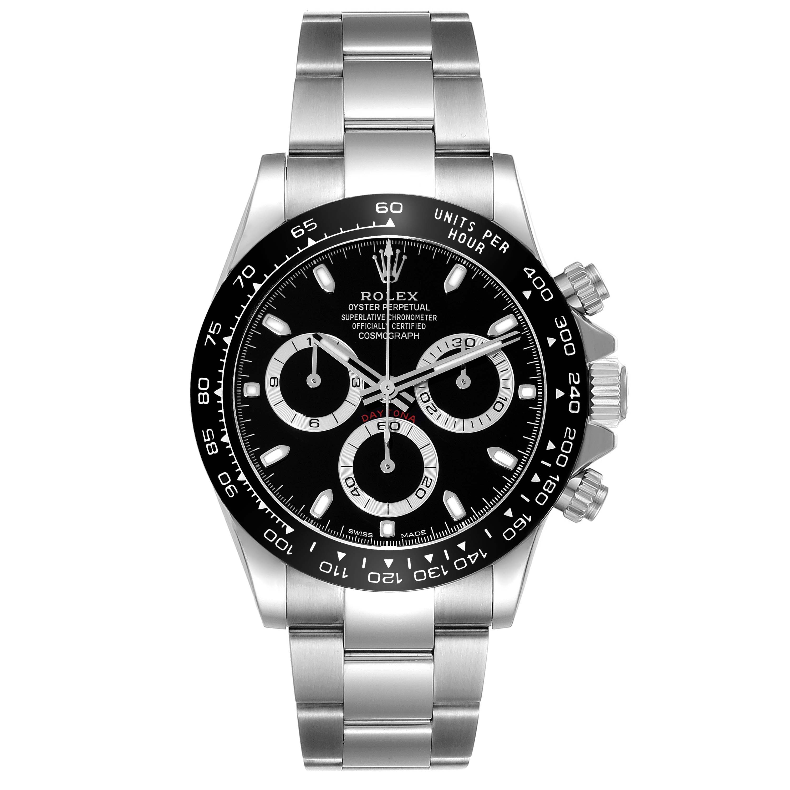 The image shows a front view of a Rolex Daytona 116500LN Men's Stainless Steel Black Dial 116500LN Men's Stainless Steel Black Dial watch, displaying the dial, bezel, chronograph sub-dials, and bracelet.