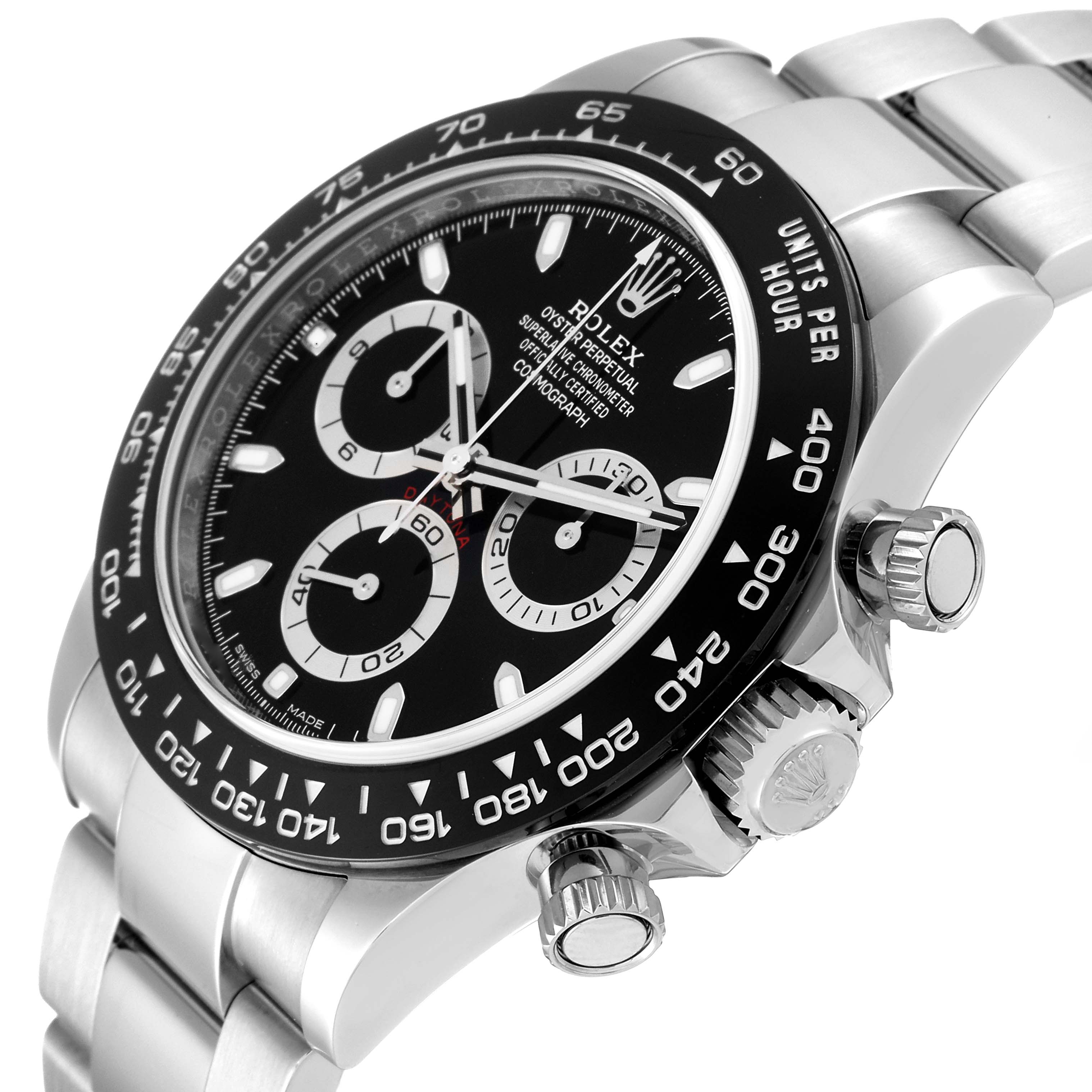 The image shows a close-up angle of the Rolex Daytona 116500LN Men's Stainless Steel Black Dial 116500LN Men's Stainless Steel Black Dial watch, displaying the bezel, dial, and side crown.