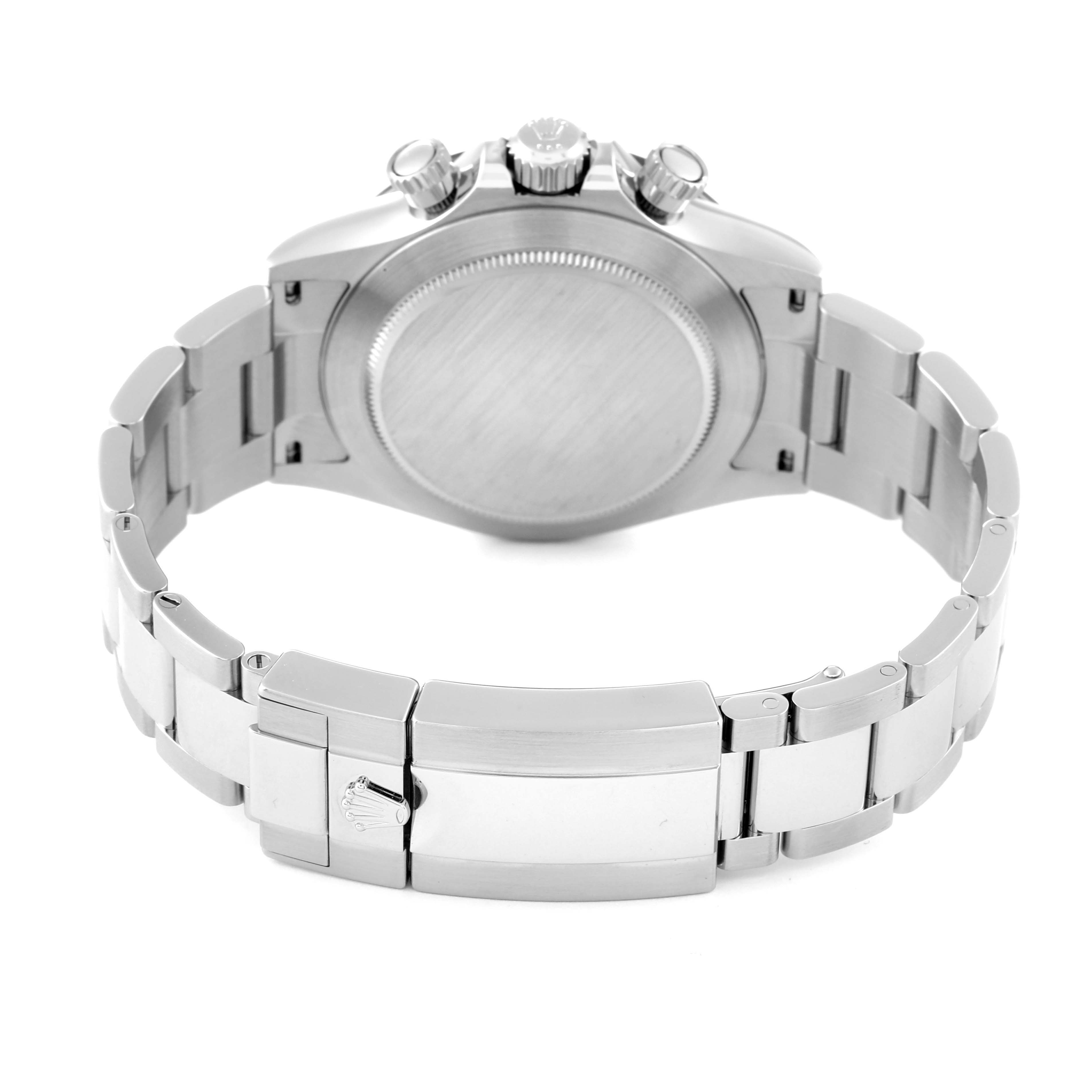 This image shows the back view of a Rolex Daytona 116500LN Men's Stainless Steel Black Dial 116500LN Men's Stainless Steel Black Dial watch, including the case back, crown, pushers, and stainless steel bracelet with clasp.