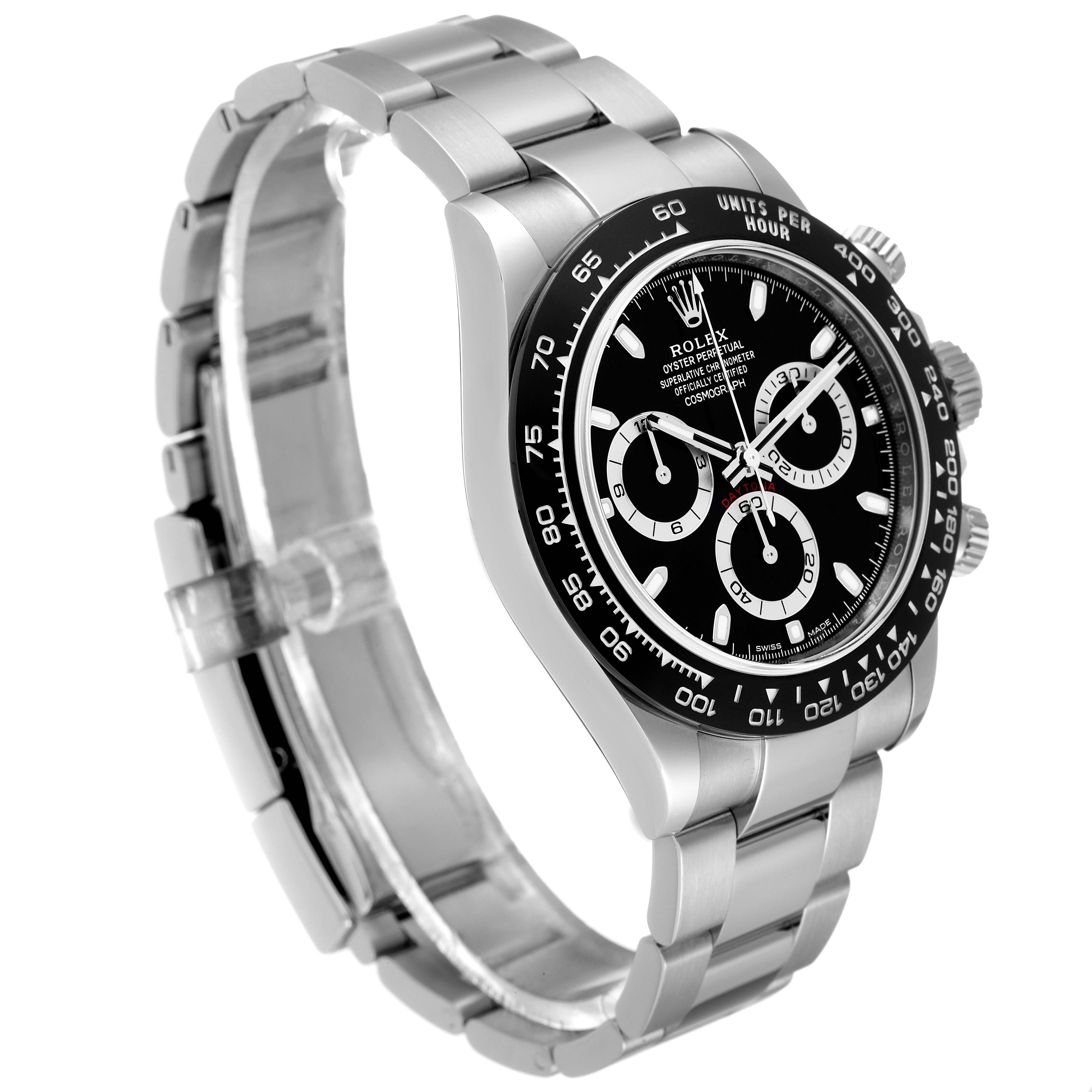 The Rolex Daytona 116500LN Men's Stainless Steel Black Dial 116500LN Men's Stainless Steel Black Dial watch is shown at a side angle, displaying its bracelet, bezel, and detailed chronograph dial.
