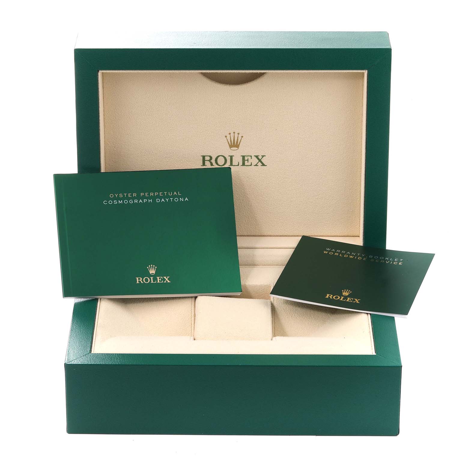 This image shows a Rolex Daytona 116500 Men's Stainless Steel Black Dial 116500 Men's Stainless Steel Black Dial watch box with accompanying booklets photographed from a frontal angle.